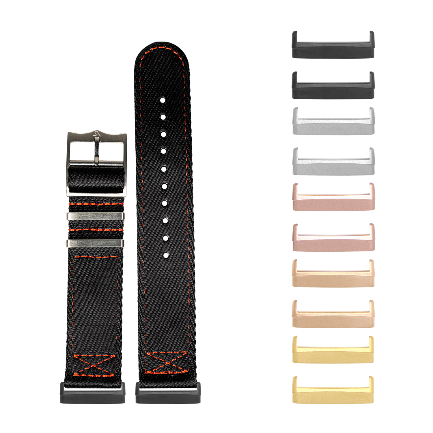 Black canvas military watch band with red stitching, interchangeable metal buckle and lugs for Fitbit Versa and Sense smartwatches