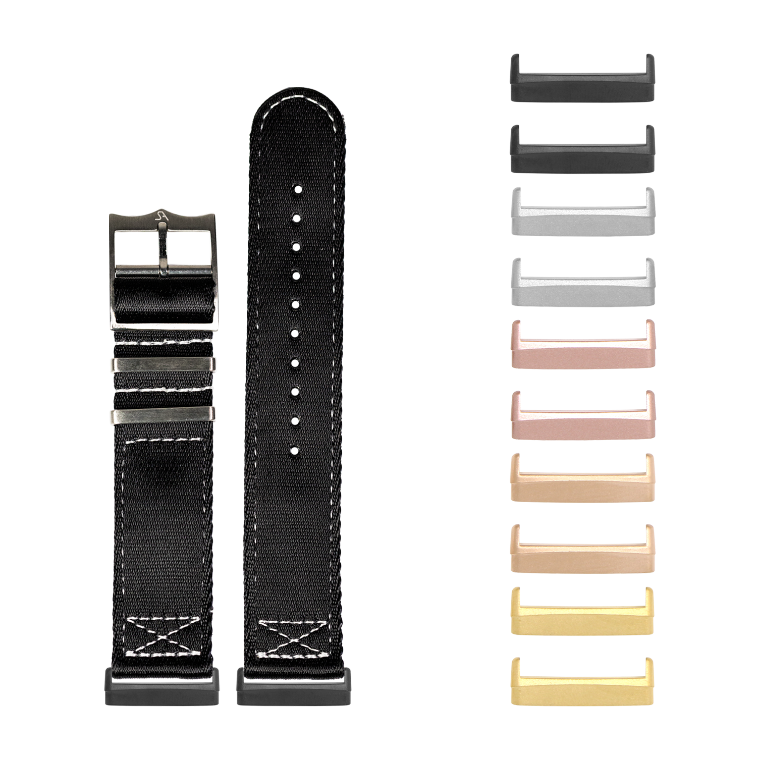 Black canvas watch band with white stitching and interchangeable metal keepers in multiple finishes for Fitbit Versa and Sense smartwatches
