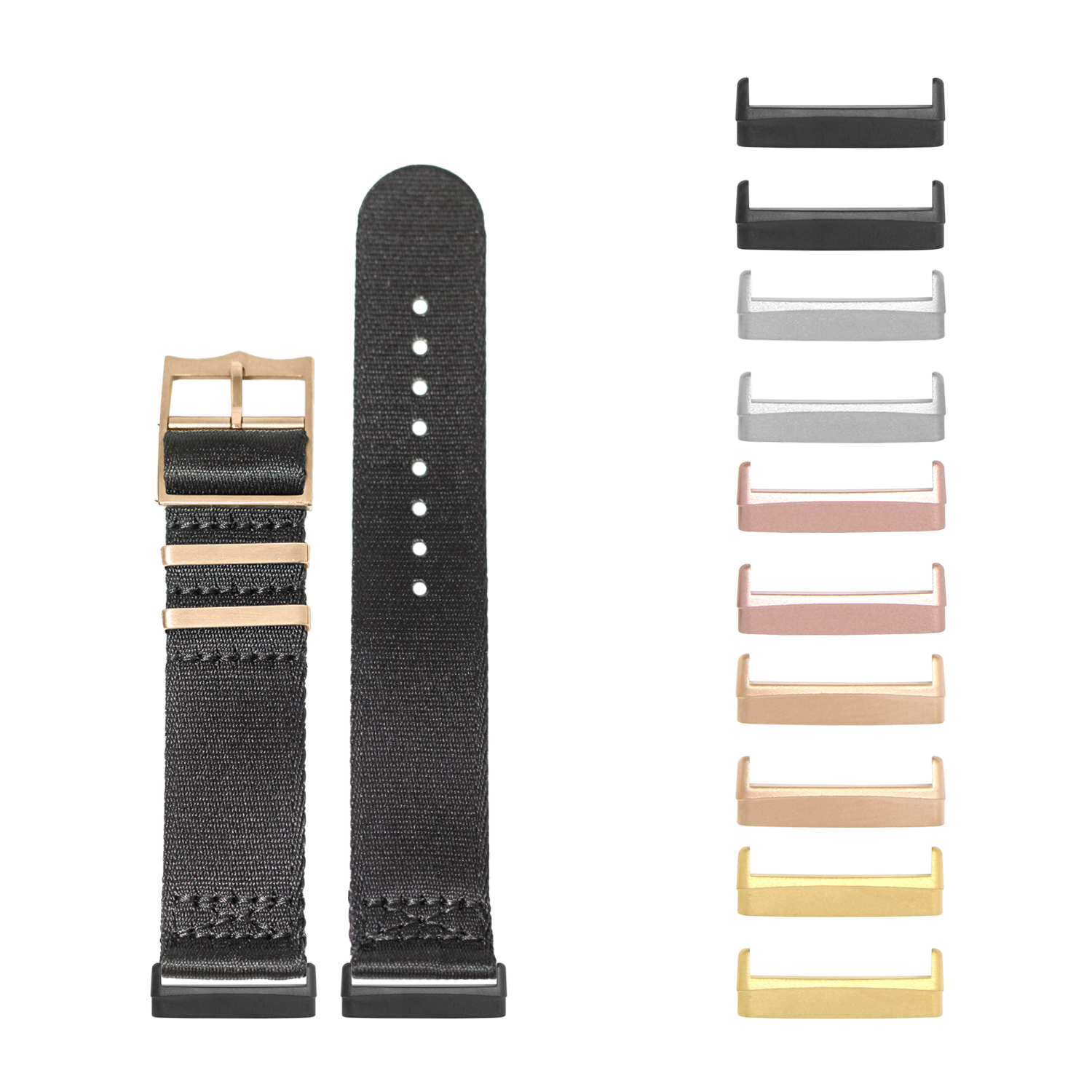 Black canvas fabric watch band with rose gold hardware for Fitbit Versa and Sense smartwatches, shown with interchangeable metal keeper bars in multiple finish options
