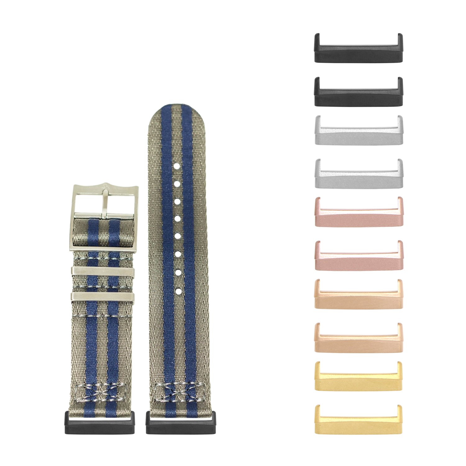 Beige and blue striped fabric watch band with interchangeable metal lugs in multiple colors including black, rose gold, and gold