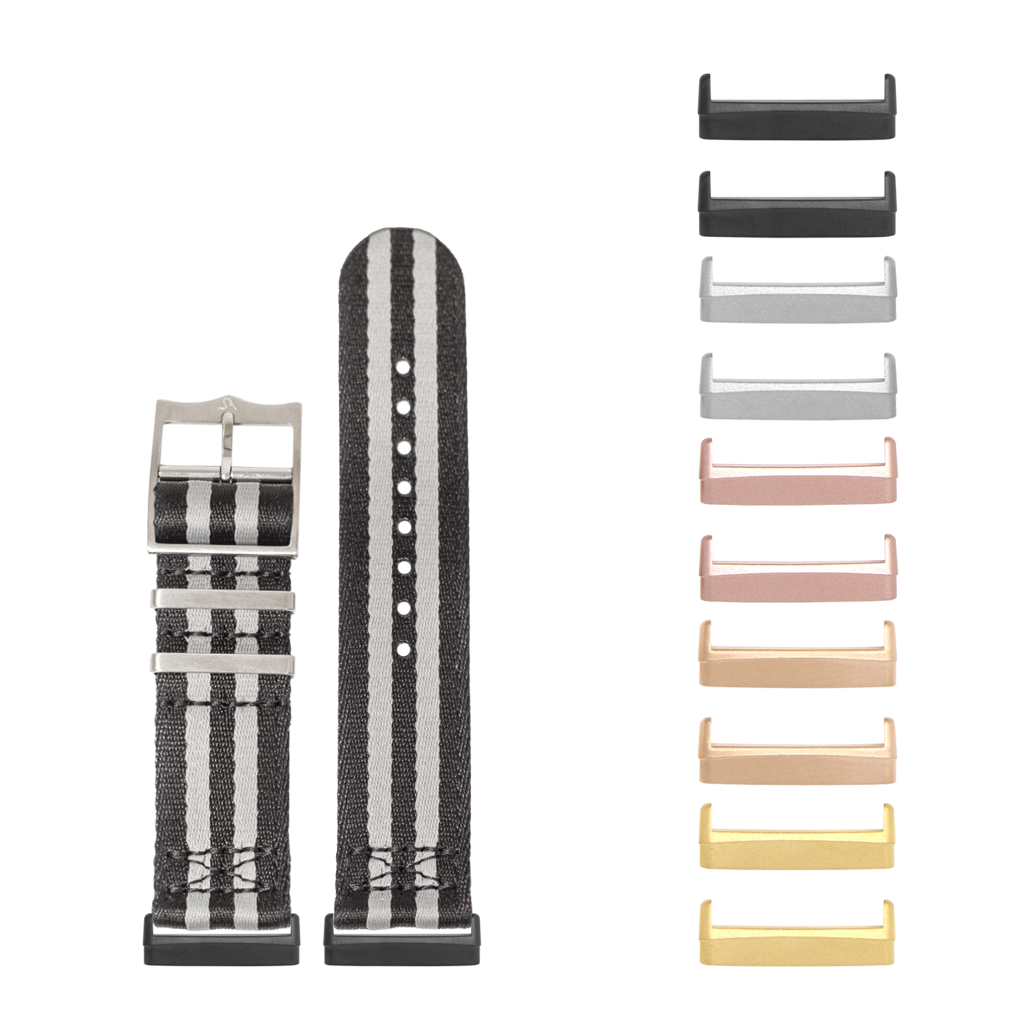 Striped black and grey fabric watch band with metal buckle for Fitbit Versa and Sense smartwatches, shown with interchangeable metal lugs in multiple finishes