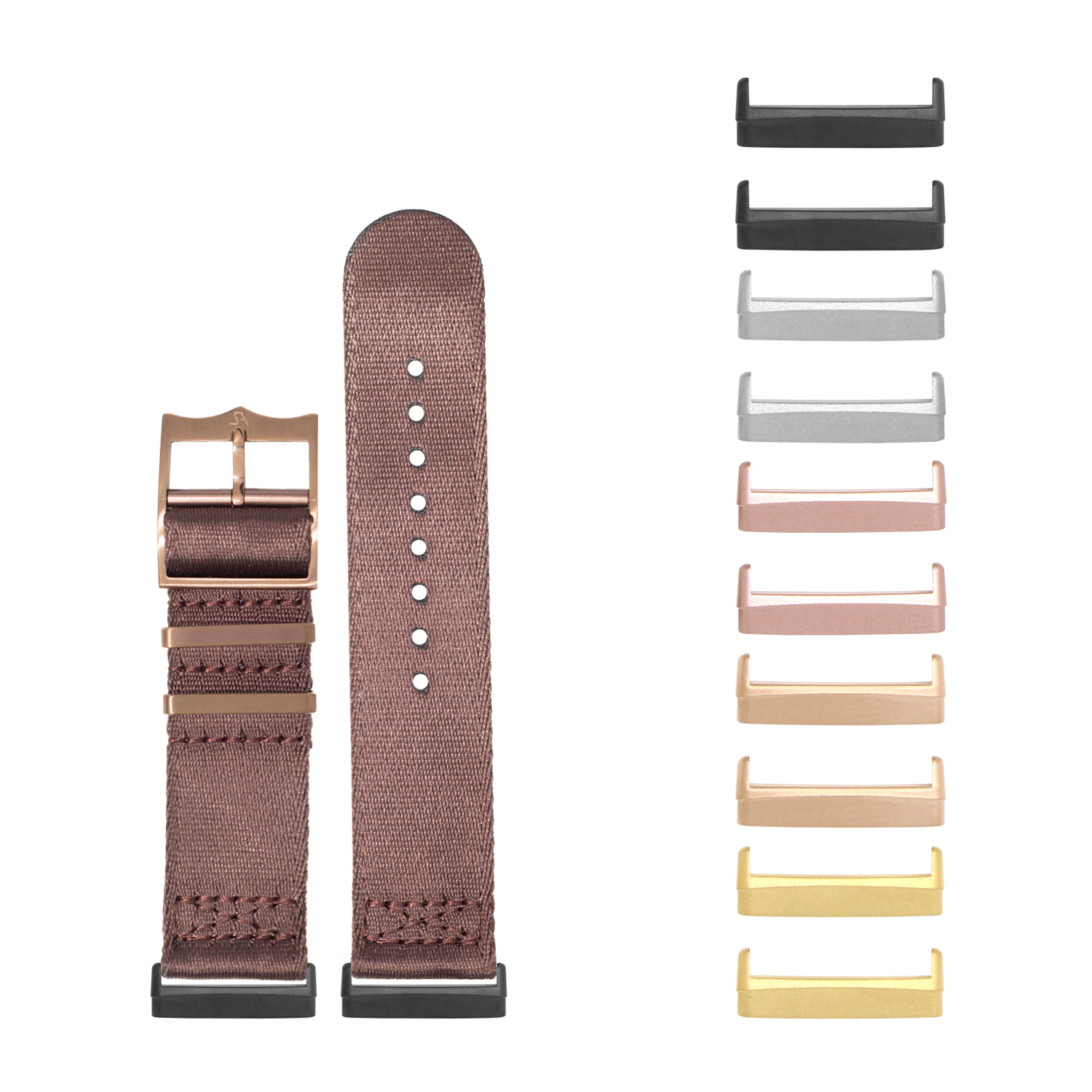 Brown woven fabric smartwatch band with rose gold buckle and interchangeable metal lugs in multiple colors