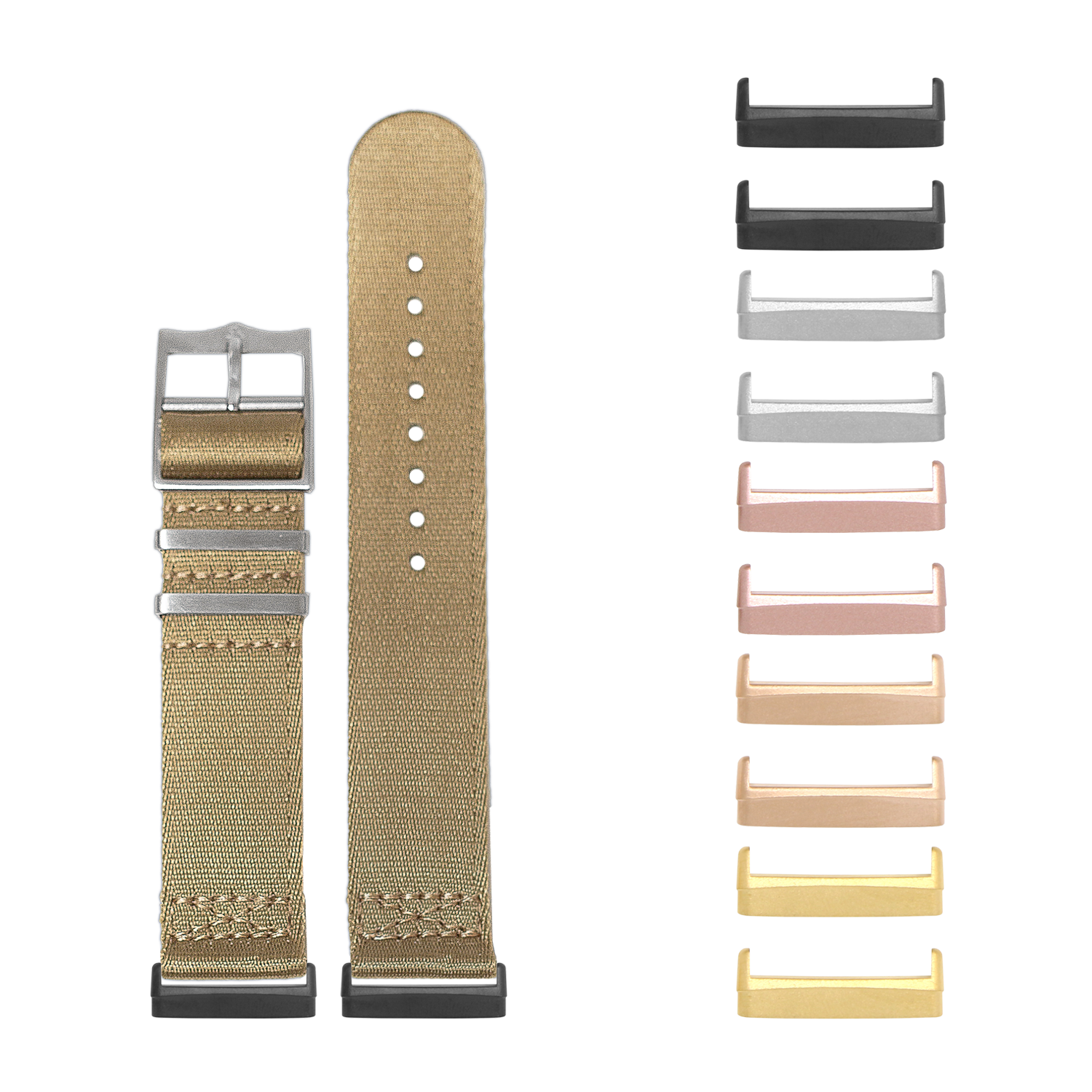 Beige militex watch band with interchangeable metal lugs in multiple finishes for Fitbit Versa and Sense smartwatches