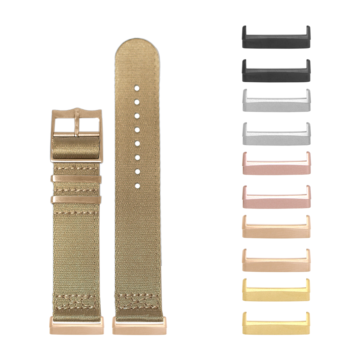 Beige Militex watch band with rose gold hardware and interchangeable metal case options in multiple finishes for Fitbit Versa and Sense