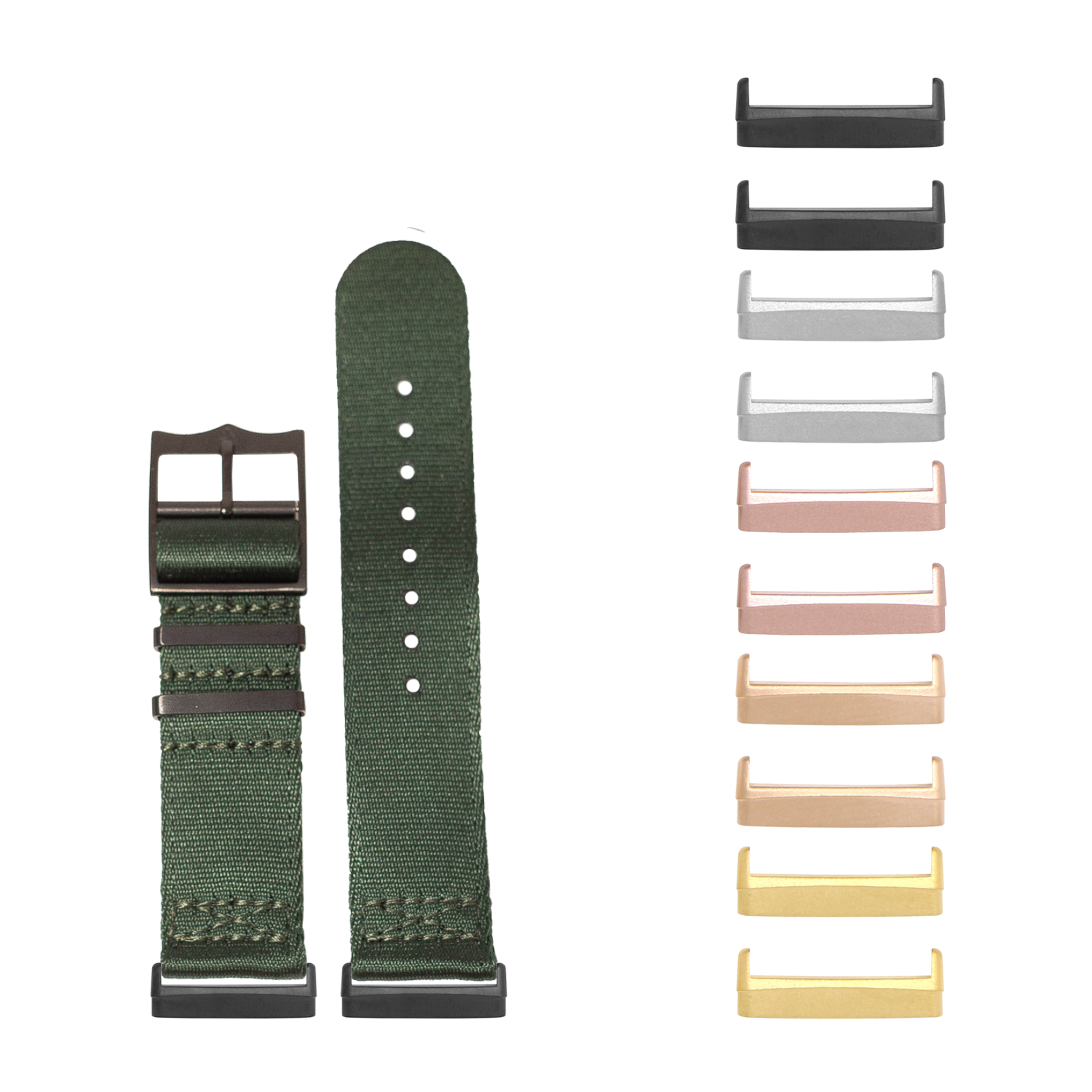 Green canvas fabric watch band with black hardware and interchangeable metal lugs in multiple finishes for Fitbit Versa and Sense smartwatches