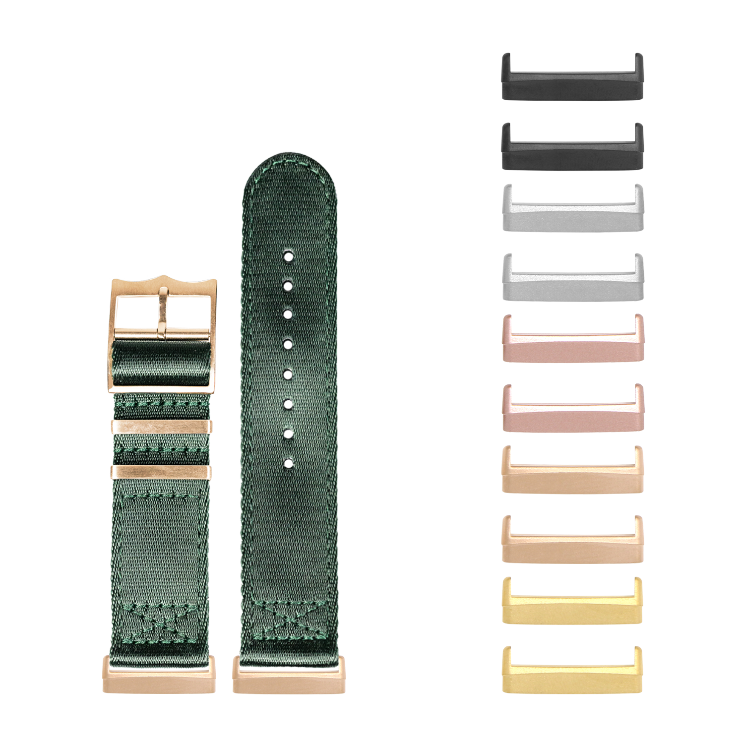 Military-style forest green fabric watch band with rose gold buckle and hardware for Fitbit Versa and Sense smartwatches, shown with interchangeable color options