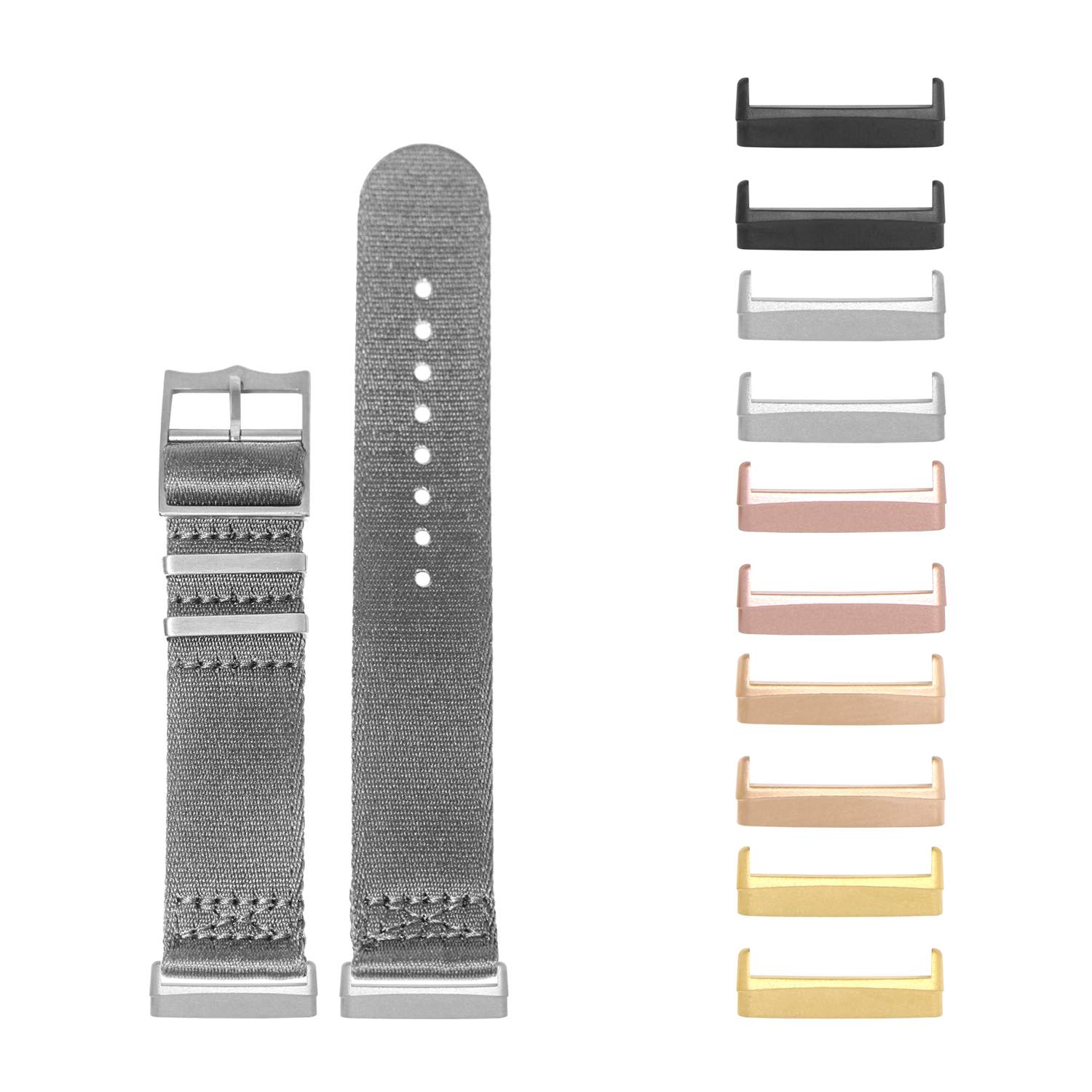 Militex grey watch bands for Fitbit Versa 3 and 4 with interchangeable metal lugs in multiple colors
