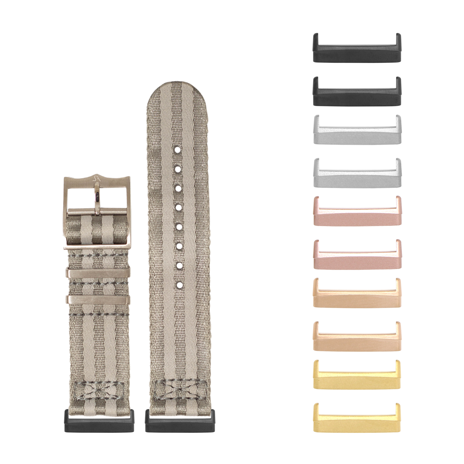 Military-style tactical watch band in grey with interchangeable metal hardware in multiple finishes including black, rose gold, and champagne