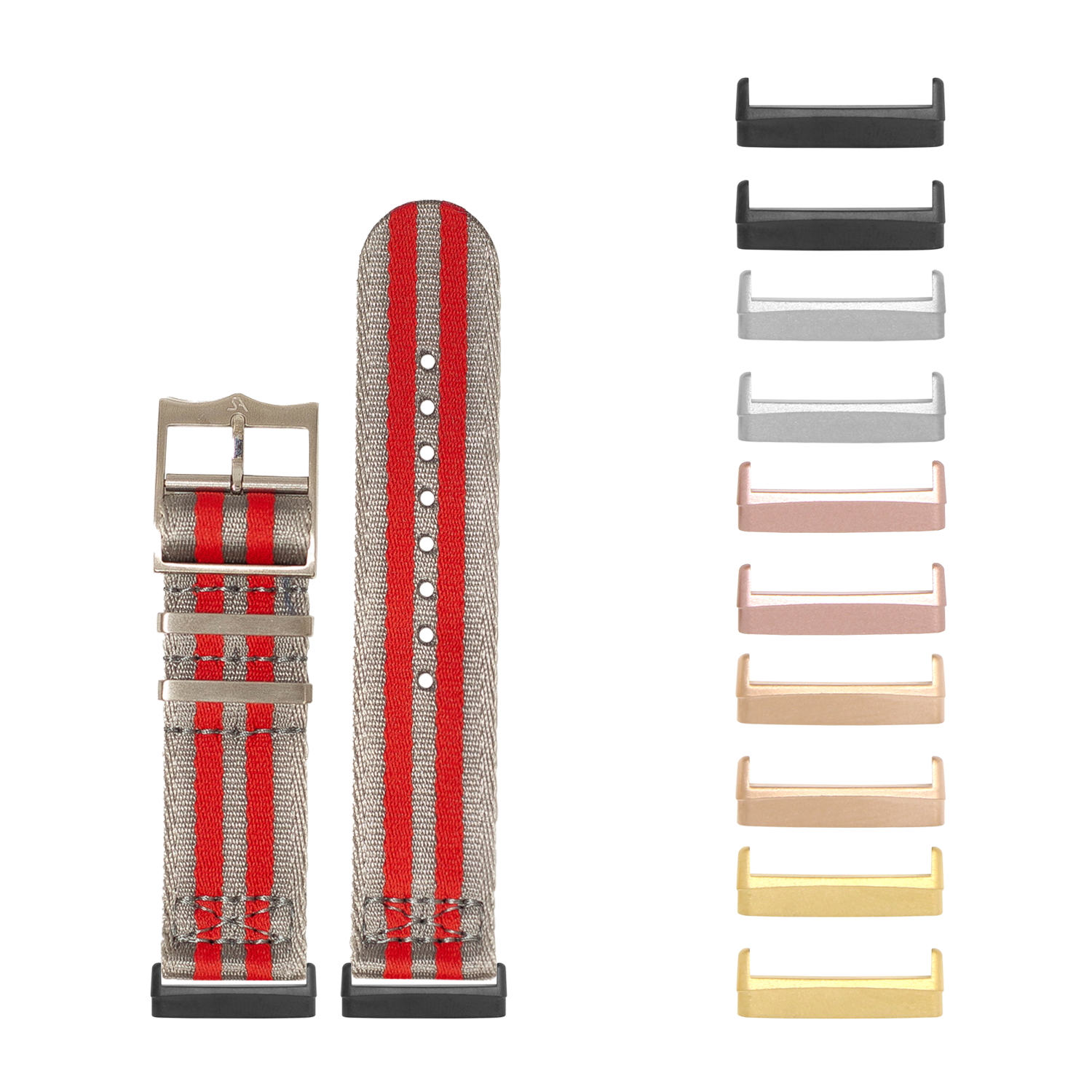 Red and grey striped military nylon watch bands for Fitbit Versa and Sense smartwatches with interchangeable metal hardware in multiple finishes