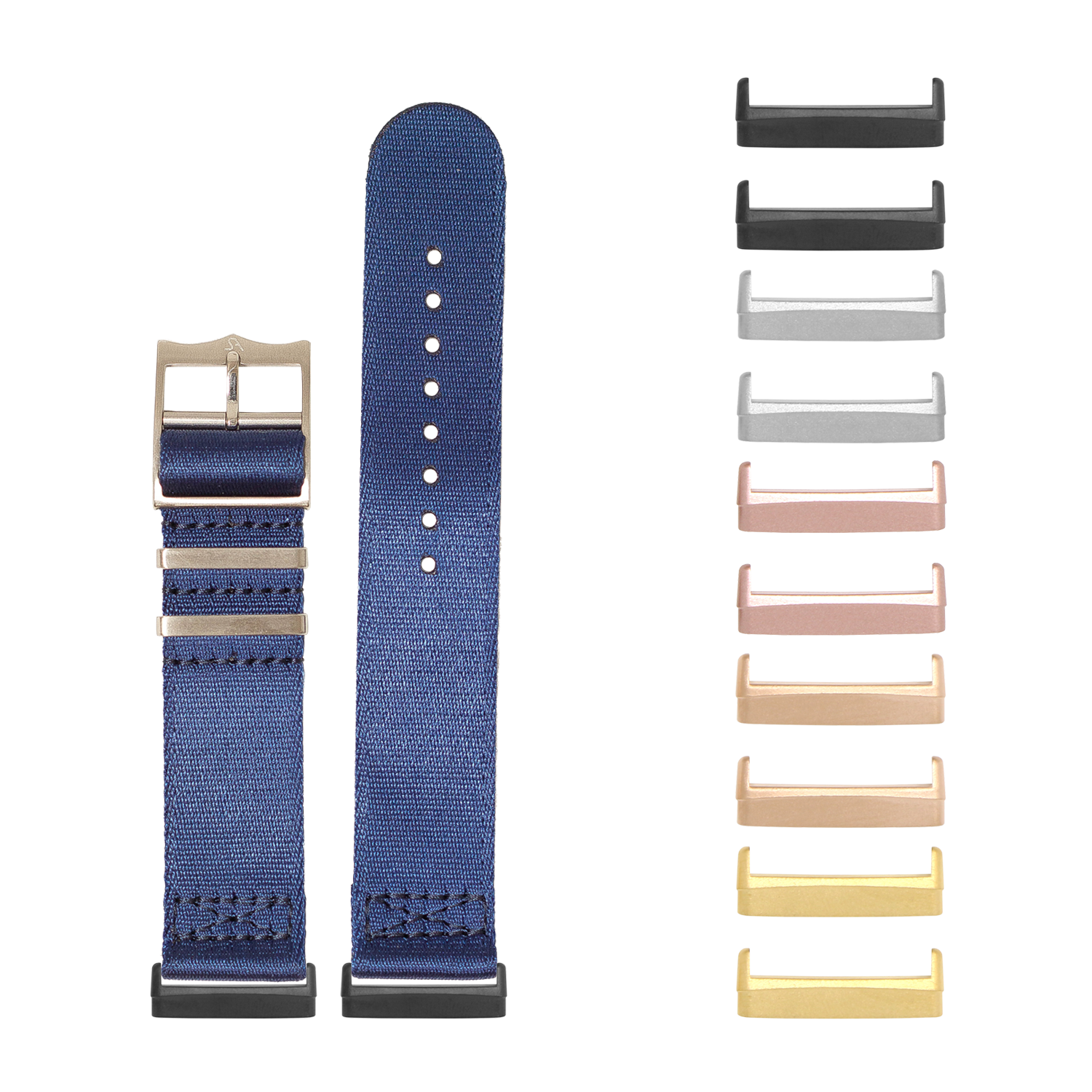 Navy blue fabric military-style watch band with interchangeable metal lugs for Fitbit Versa and Sense smartwatches