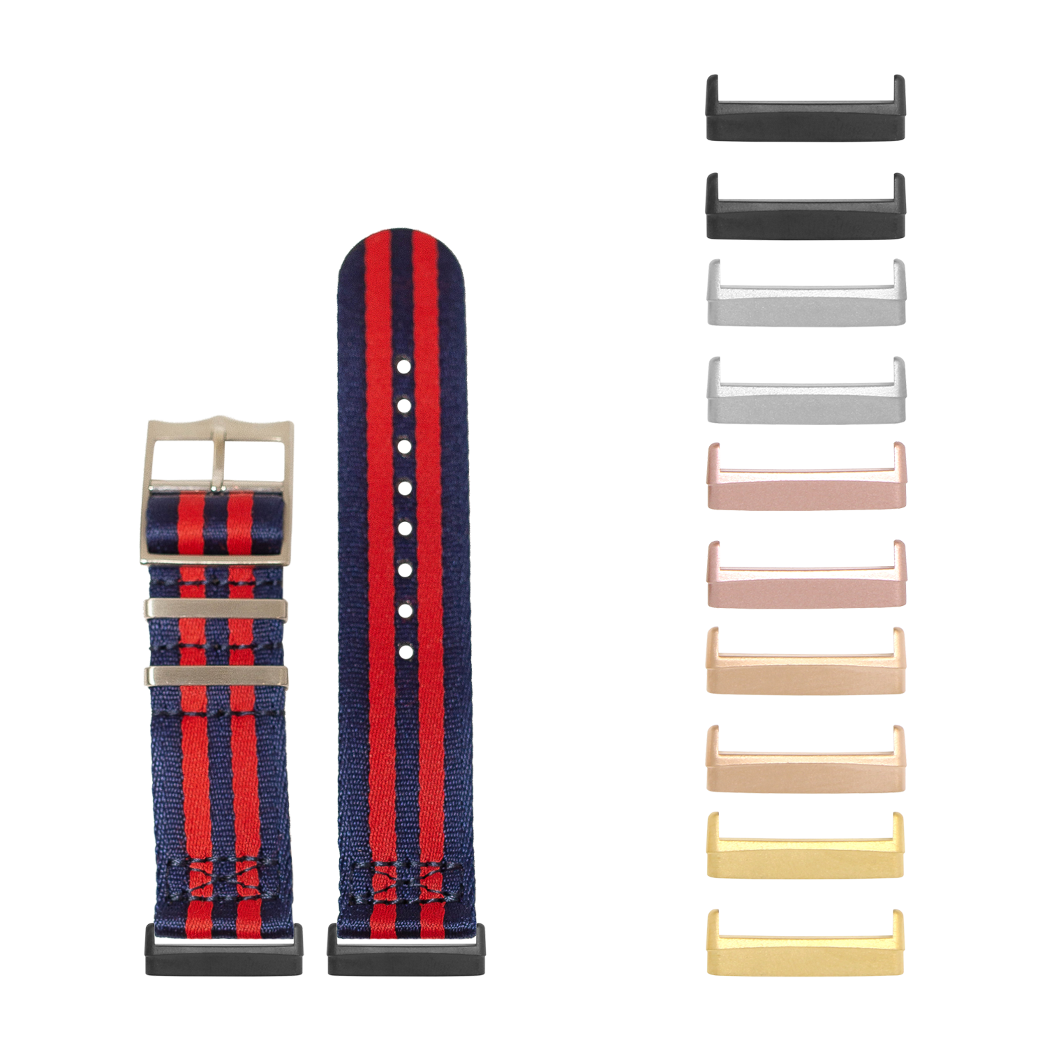 Red and navy blue striped nylon watch band with interchangeable metal hardware in multiple finishes for Fitbit Versa and Sense smartwatches