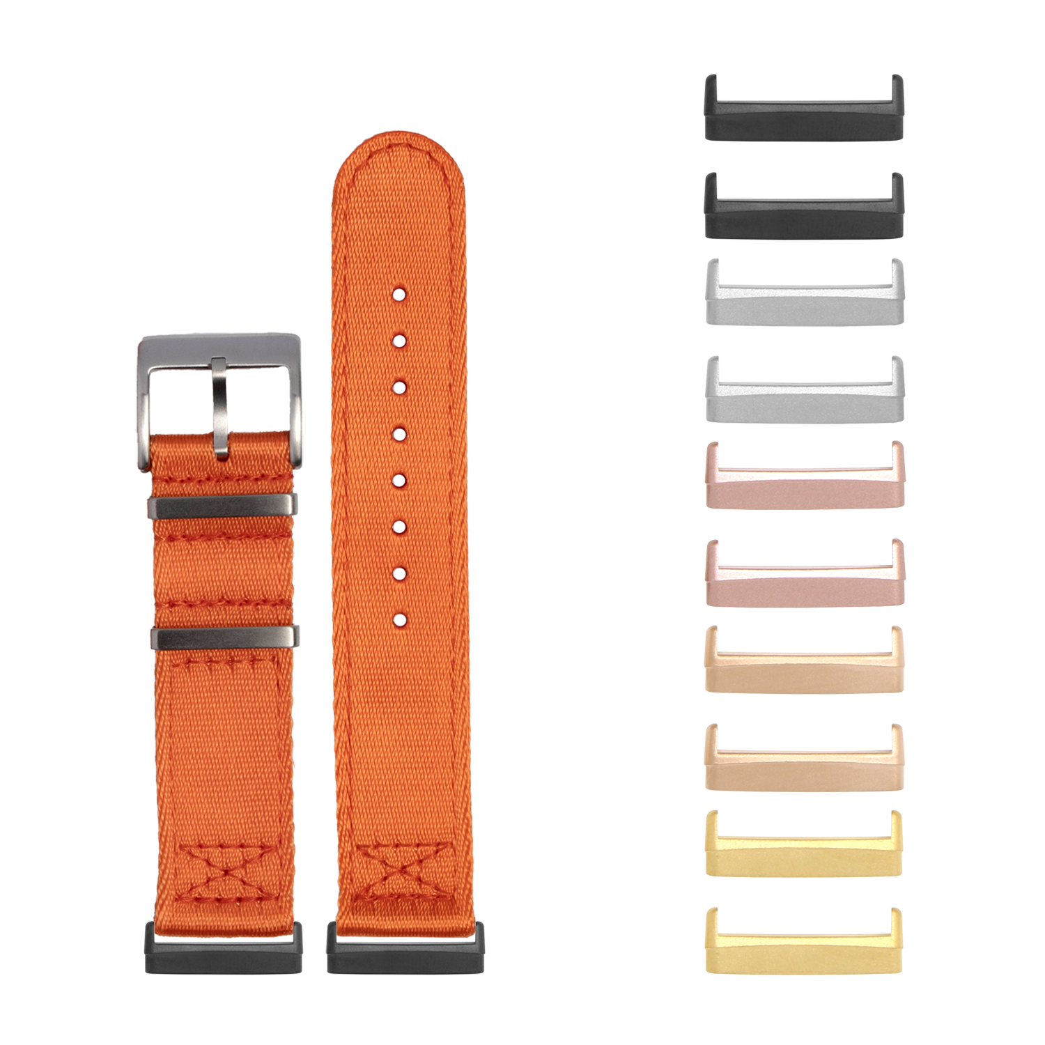 Orange ultra militex watch band for Fitbit Versa 3, Versa 4, Sense 1 and Sense 2 with interchangeable metal connectors in multiple colors
