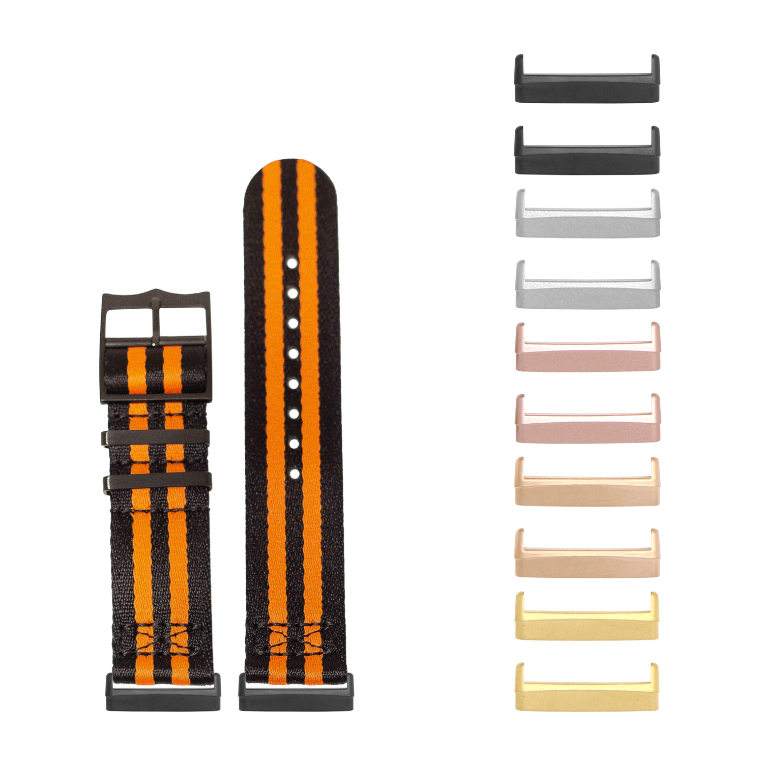 Military-style black and orange striped watch bands with interchangeable metal hardware in multiple finishes for Fitbit Versa and Sense