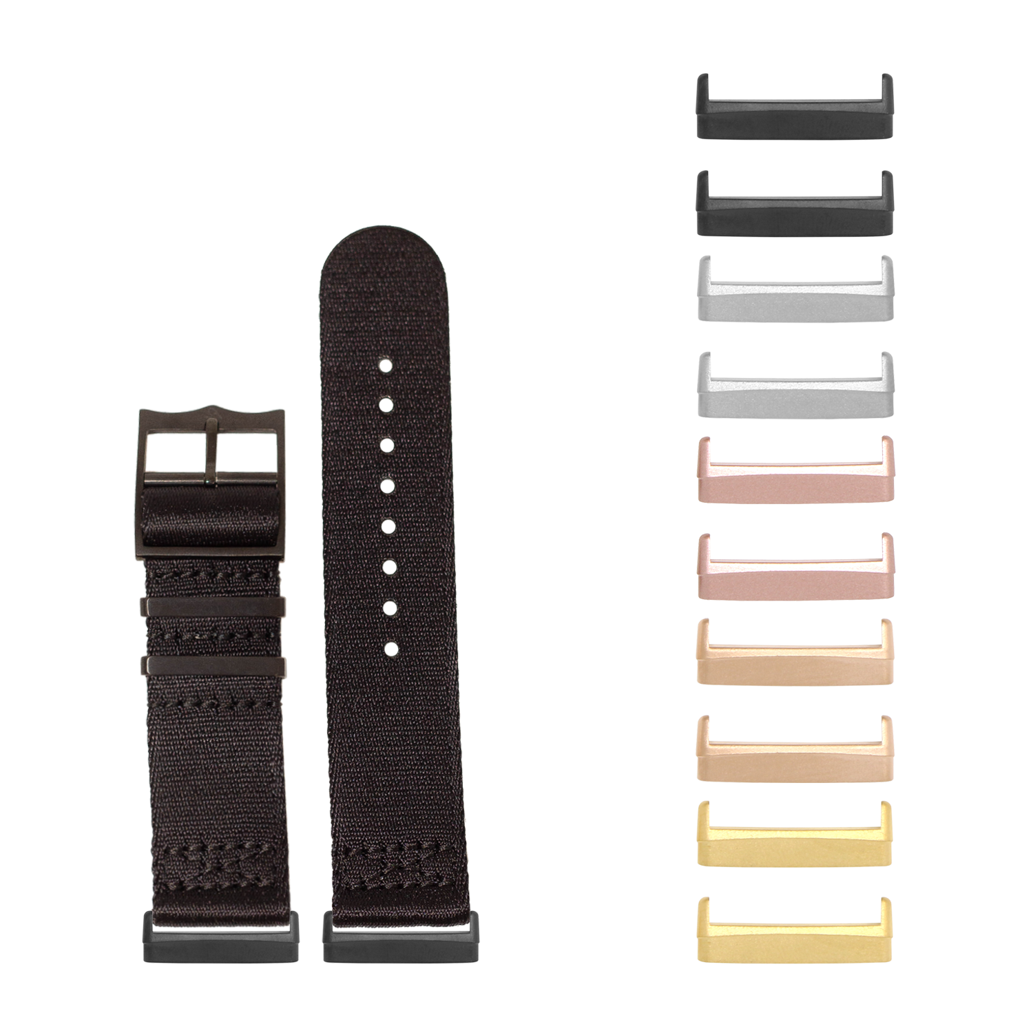 Black fabric watch strap with metal buckle and interchangeable hardware adapters in multiple colors for Fitbit Versa and Sense smartwatches