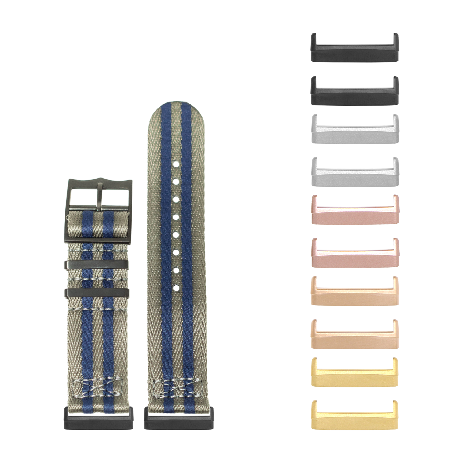 Militex stealth blue striped fabric watch band with black hardware and interchangeable color options for Fitbit Versa and Sense smartwatches