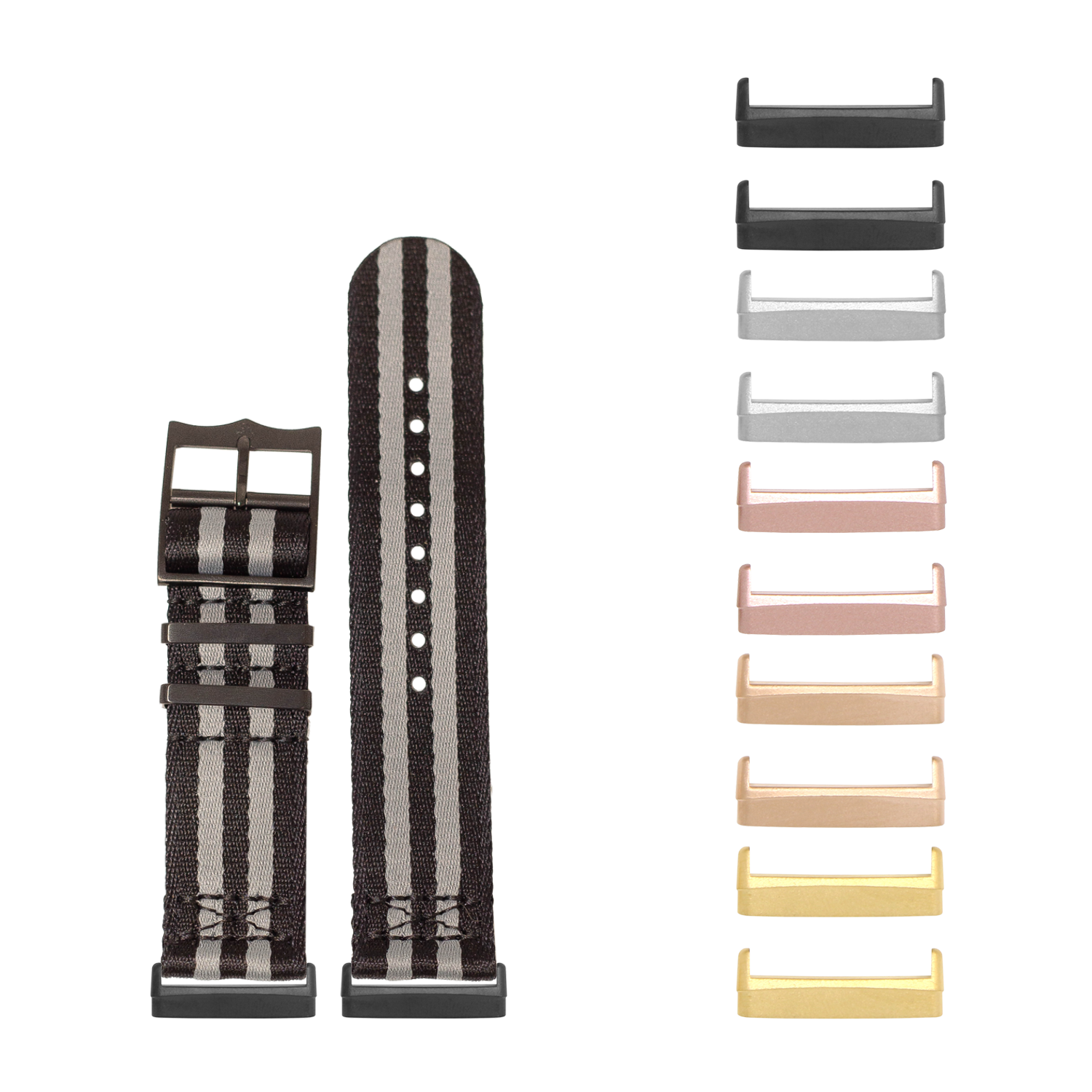 Black and grey striped fabric watch band with black hardware and interchangeable hardware in multiple metallic finishes for Fitbit smartwatches