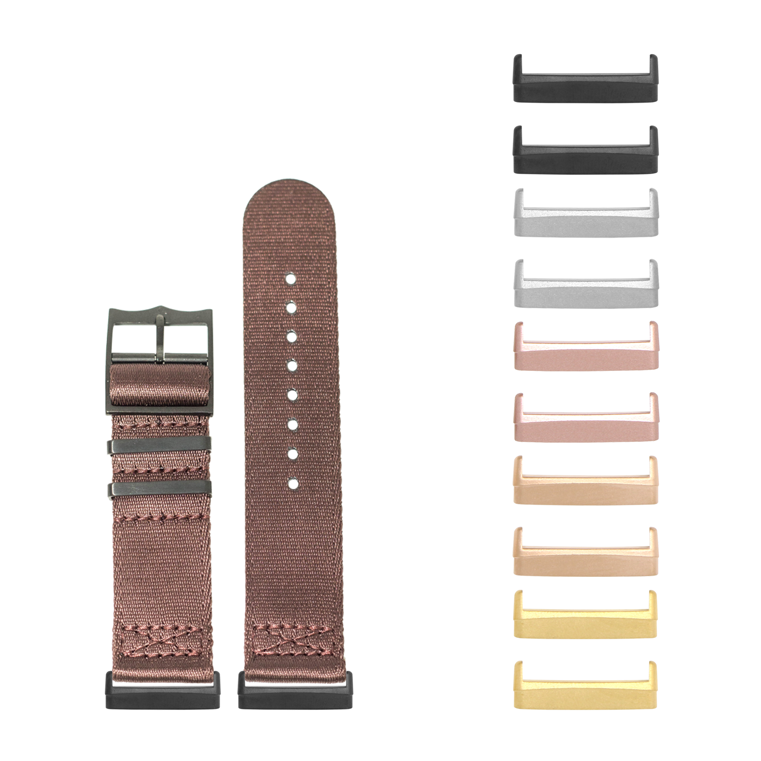 Brown fabric watch band with black hardware and interchangeable metal adapters in multiple colors for Fitbit Versa and Sense smartwatches