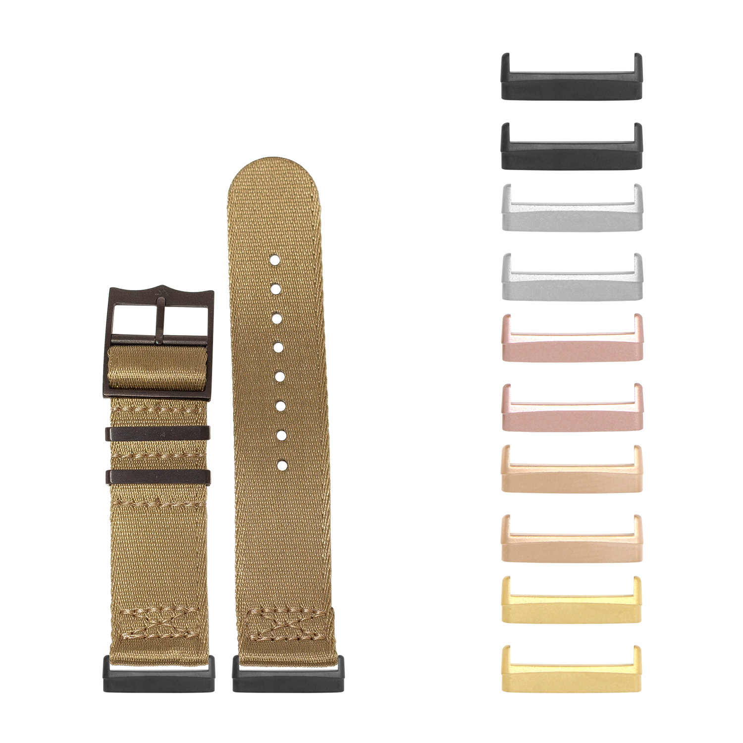 Tan canvas watch band with black hardware and interchangeable metal connectors in multiple colors including black, gray, rose gold, and gold
