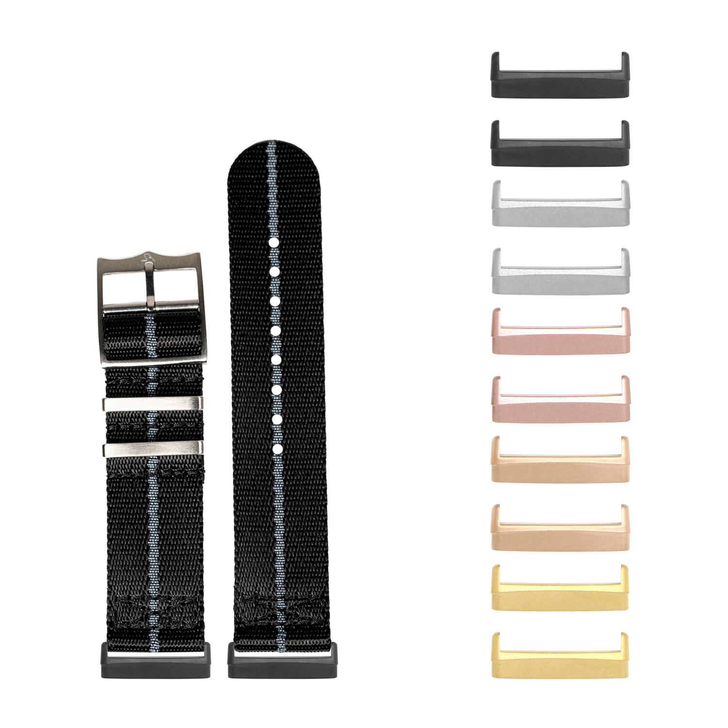 Black and grey striped nylon watch band with metal buckle and multiple interchangeable lugs in various metal finishes for Fitbit Versa and Sense smartwatches
