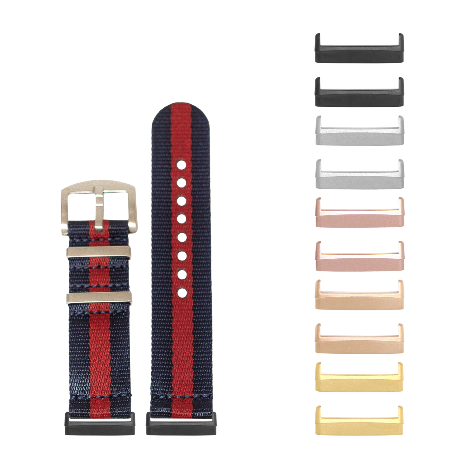 Blue and red striped nylon watch band with interchangeable metal buckles in multiple finishes for Fitbit Versa and Sense smartwatches