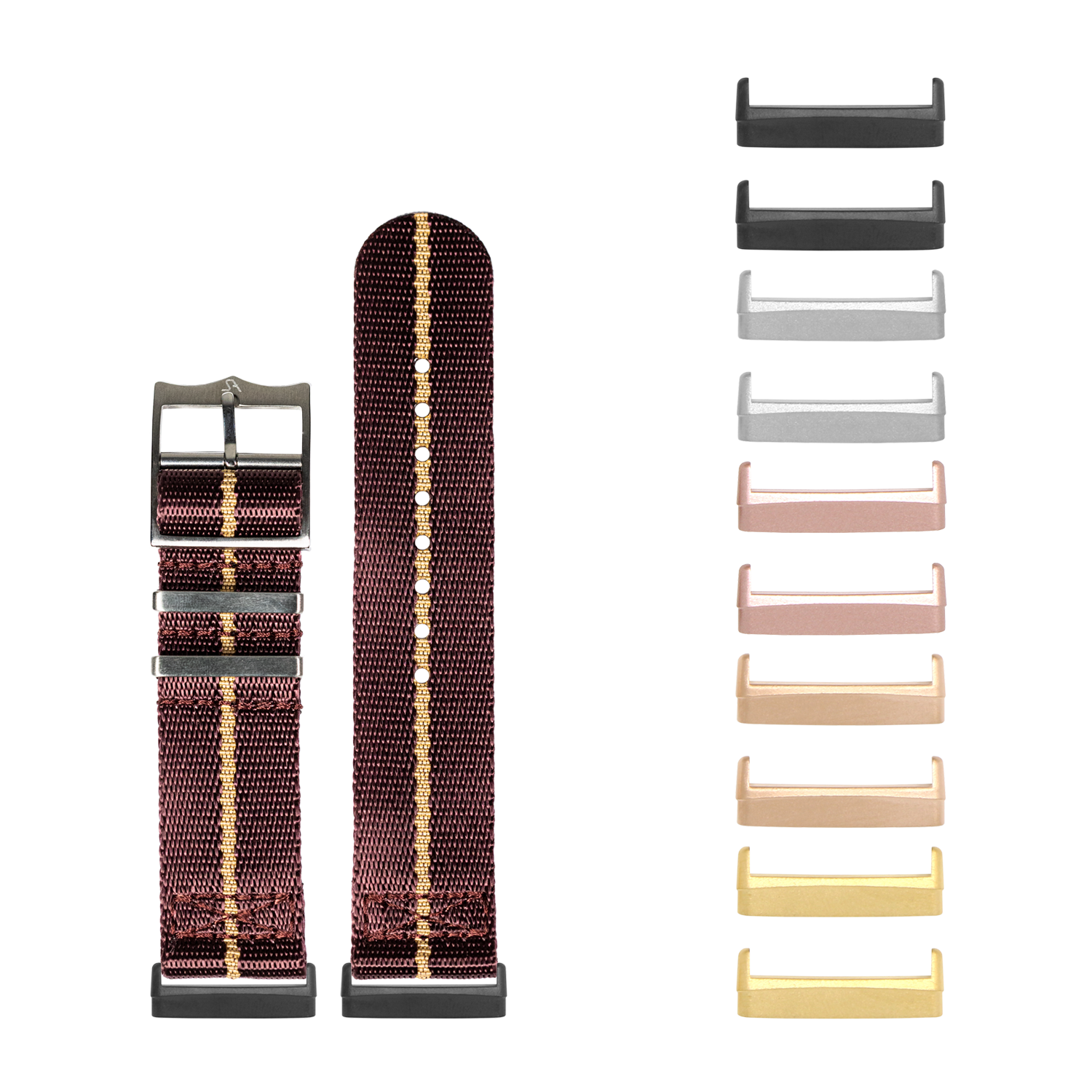 Burgundy red woven military-style watch band with gold stripe and interchangeable metal lugs in multiple finishes for Fitbit Versa and Sense smartwatches