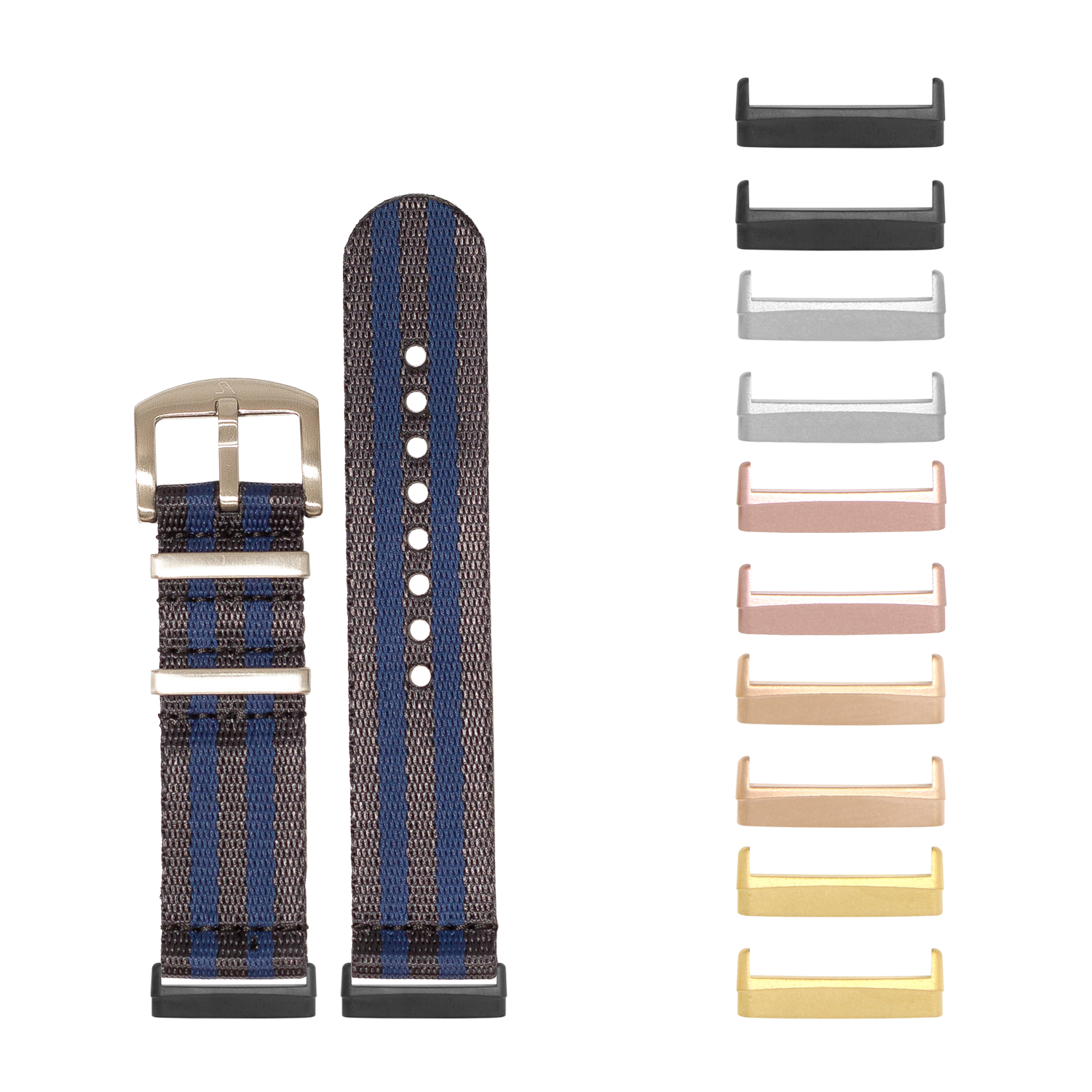 Blue and brown striped fabric watch band with interchangeable metal buckles in multiple finishes for Fitbit Versa and Sense smartwatches
