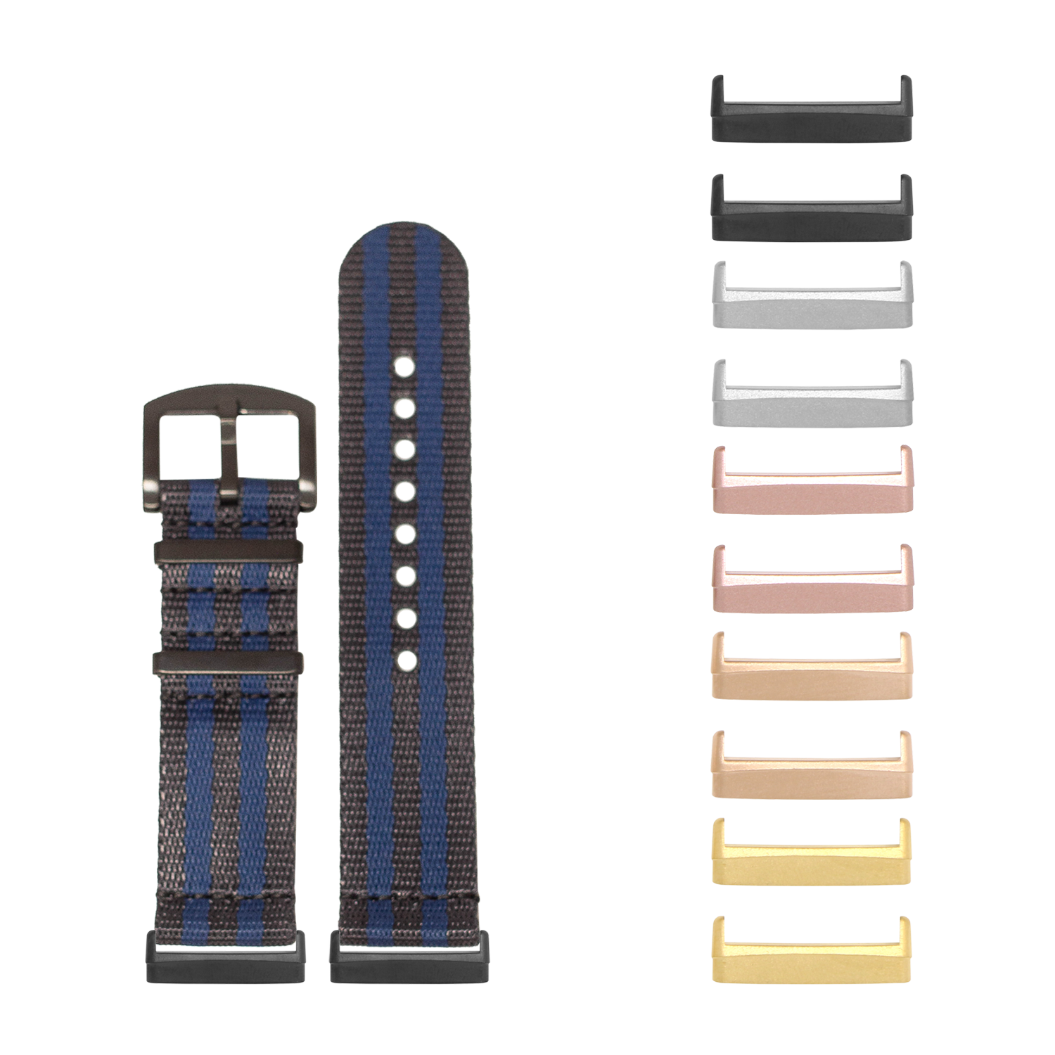Blue nylon military watch band with black hardware and interchangeable metal lugs in multiple colors for Fitbit Versa and Sense watches