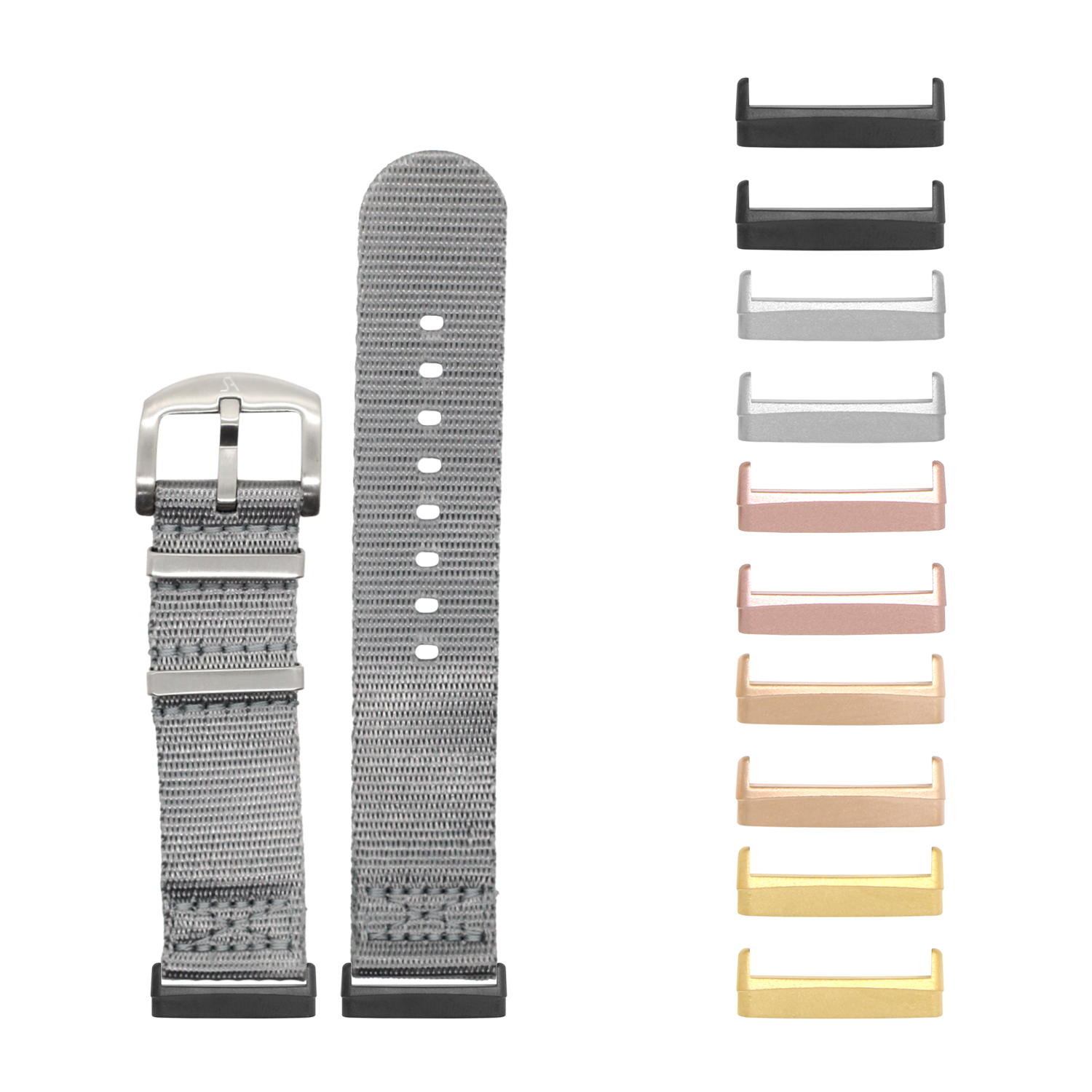 Gray nylon military watch band with silver buckle and interchangeable metal lugs in multiple colors for Fitbit Versa and Sense smartwatch