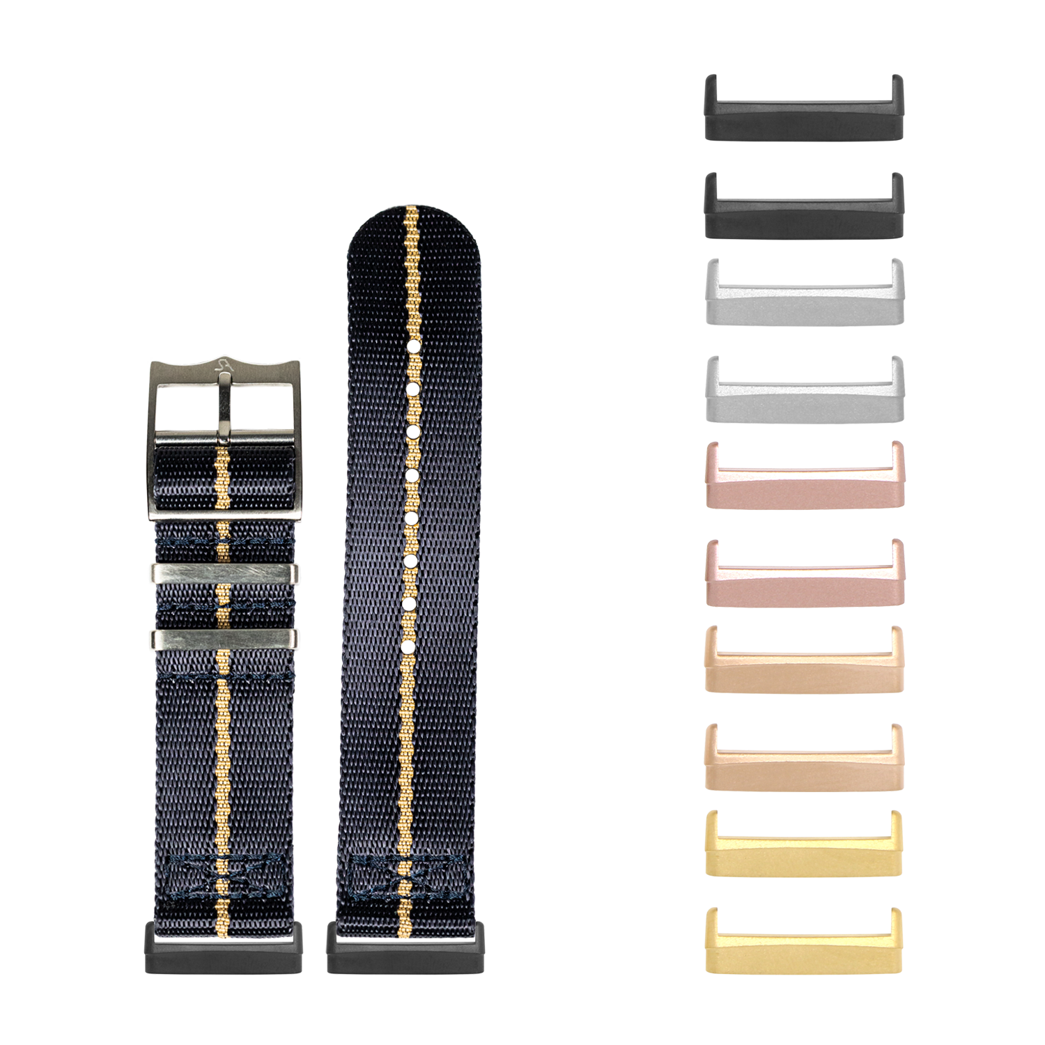 Interchangeable watch bands and metal lugs for Fitbit Versa and Sense smartwatches in navy blue fabric and multiple metallic finishes