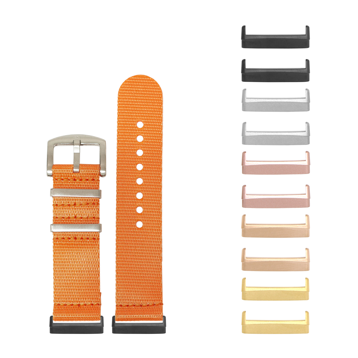 Orange nylon watch band with metal buckle and interchangeable lugs in multiple colors for Fitbit Versa and Sense smartwatches