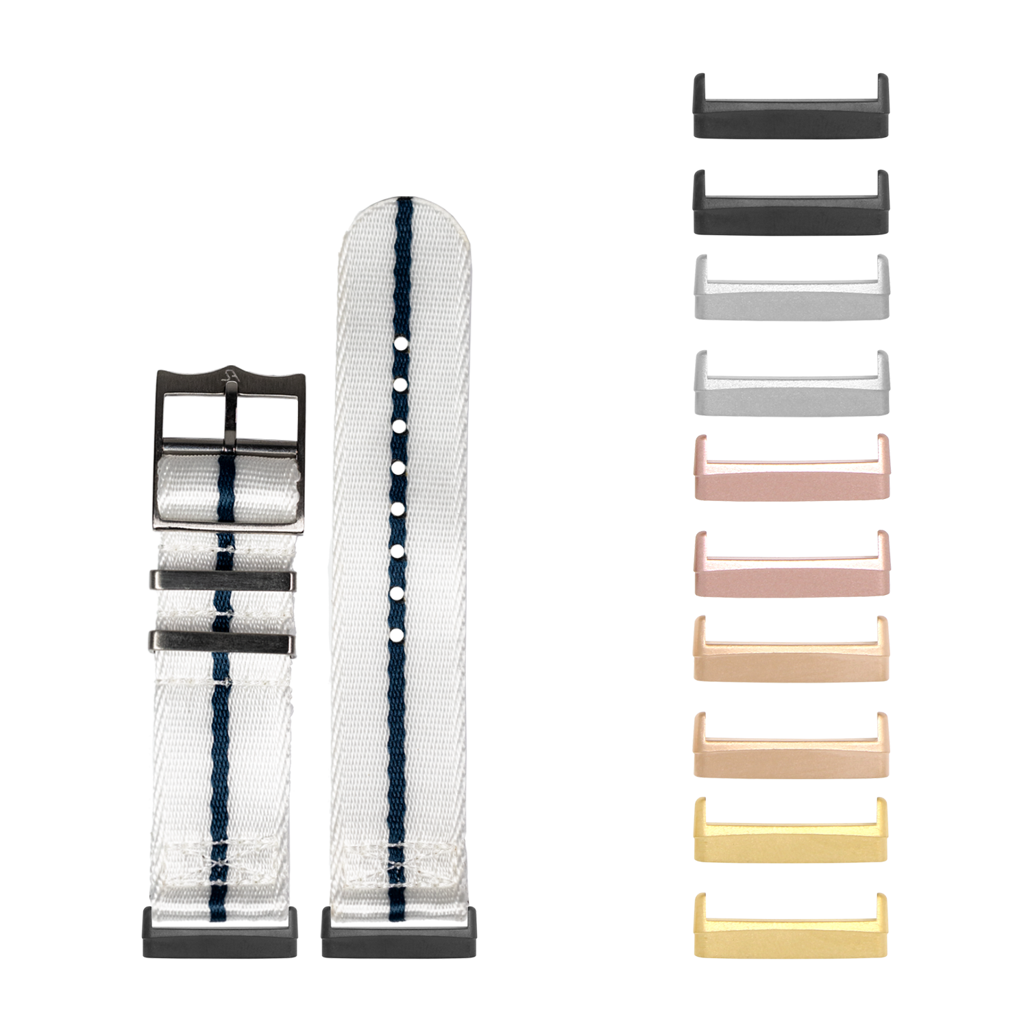 Fitbit Versa 3 4 Sense smartwatch band white mesh with navy stripe and interchangeable metal hardware in multiple colors