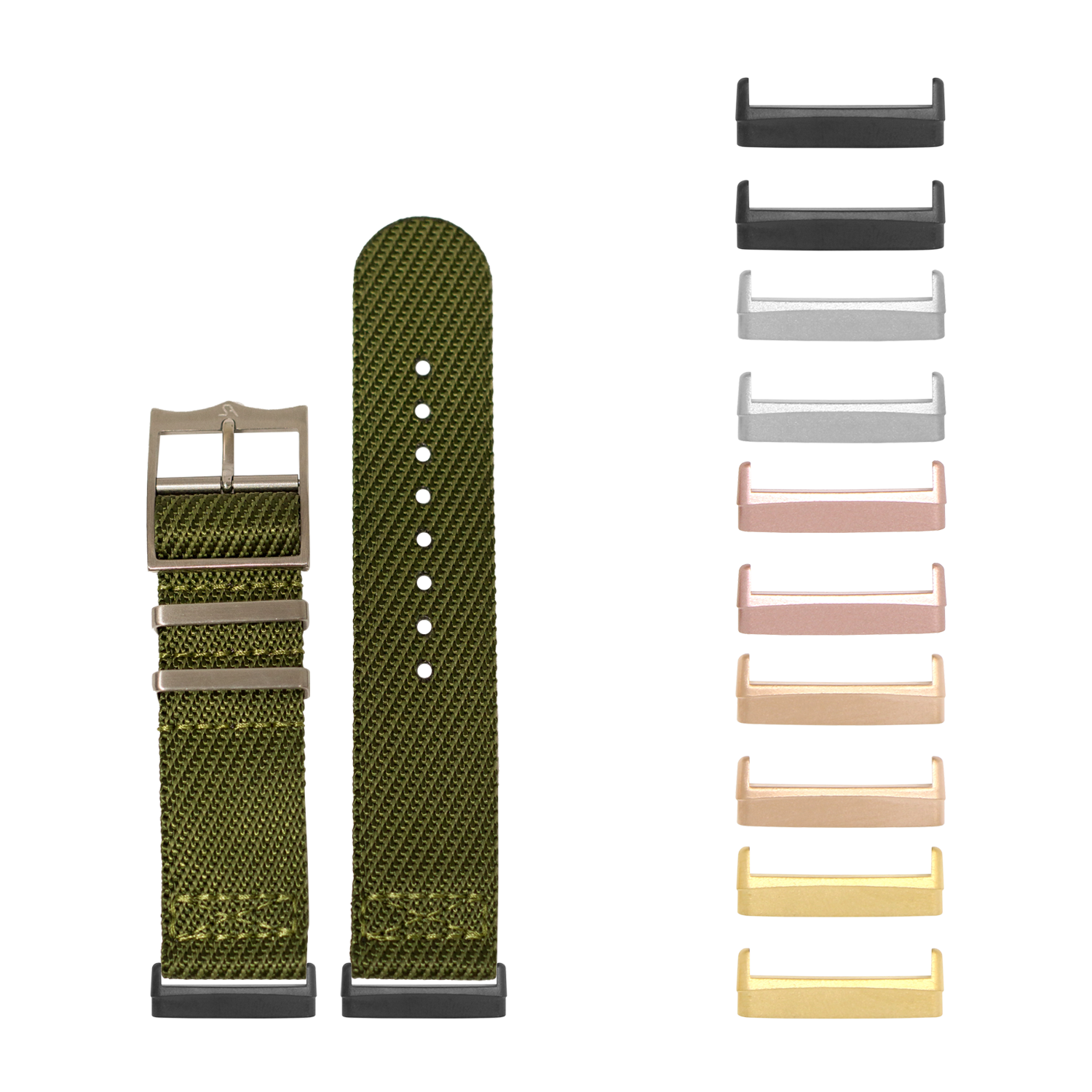 Olive green canvas watch band with metal buckle and interchangeable lugs in multiple metal finishes for Fitbit Versa and Sense smartwatches