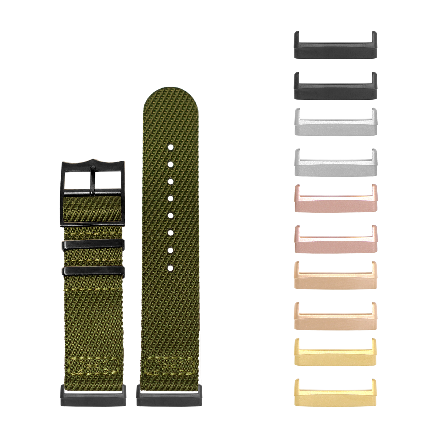Olive green woven fabric watch band with black buckle hardware and interchangeable metal adapters in multiple finishes for Fitbit Versa and Sense smartwatches