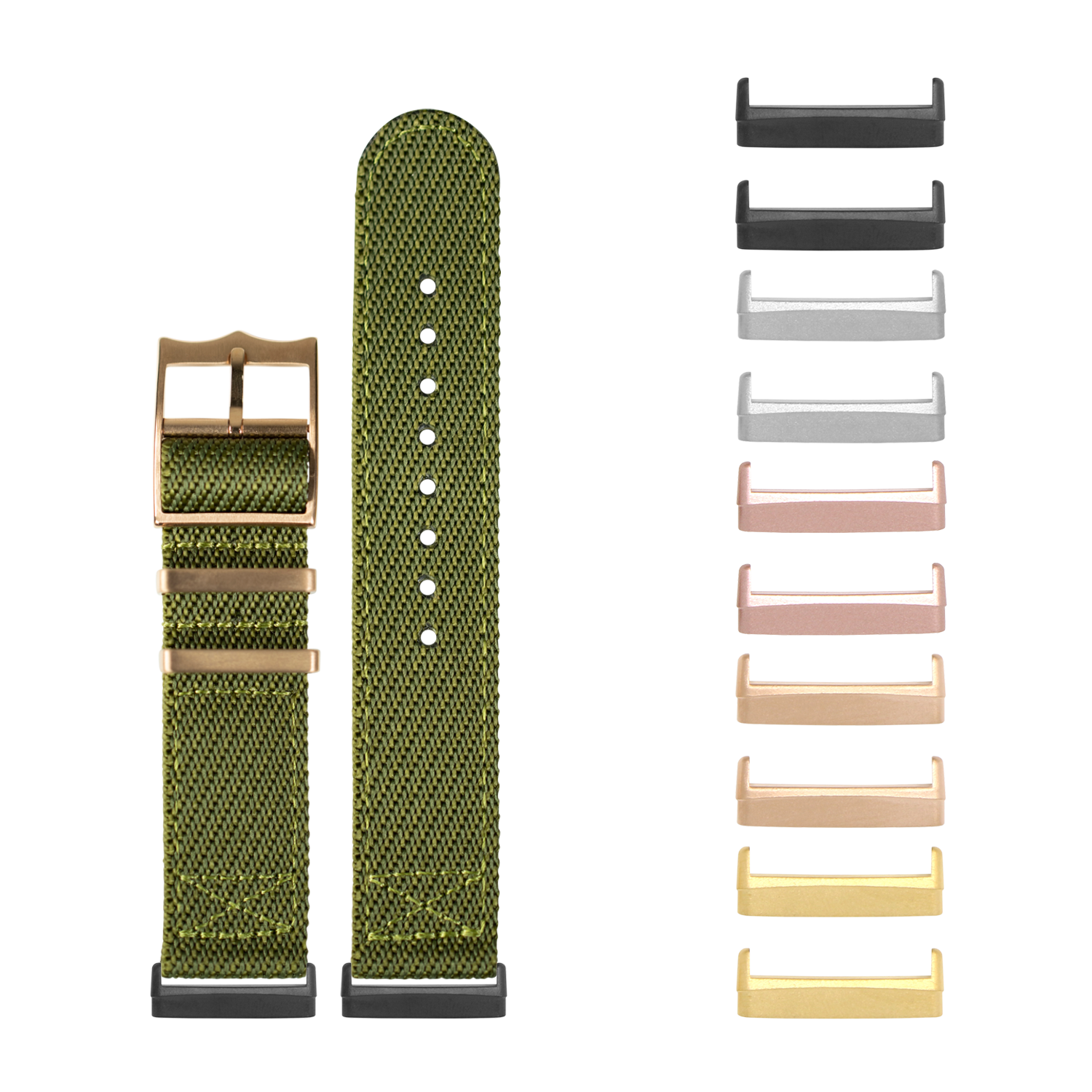 Cross-weave military green fabric watch band with rose gold hardware for Fitbit Versa and Sense smartwatches, shown with interchangeable metal connector options
