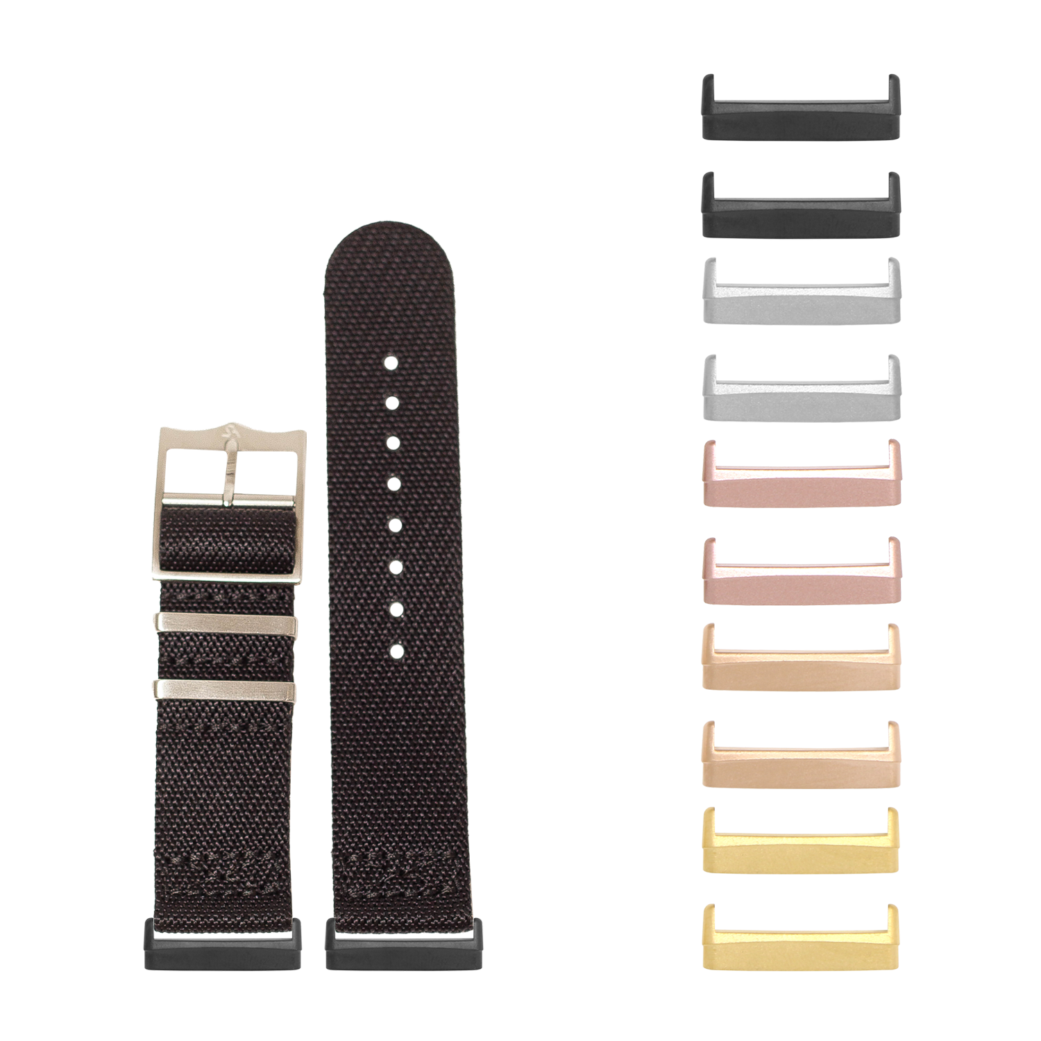 Black woven fabric watch band with tan buckle and interchangeable metal adapters in multiple colors including gold, rose gold, silver, and black