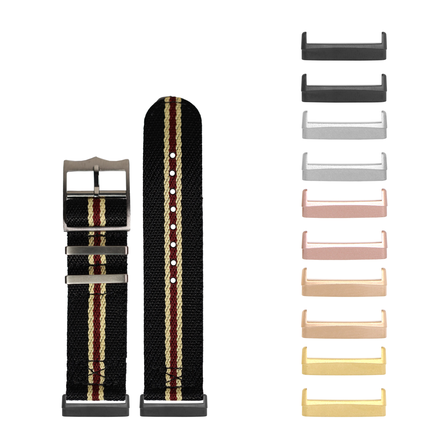 Black nylon military-style watch band with red and tan stripes, interchangeable metal lugs in multiple finishes for Fitbit Versa and Sense