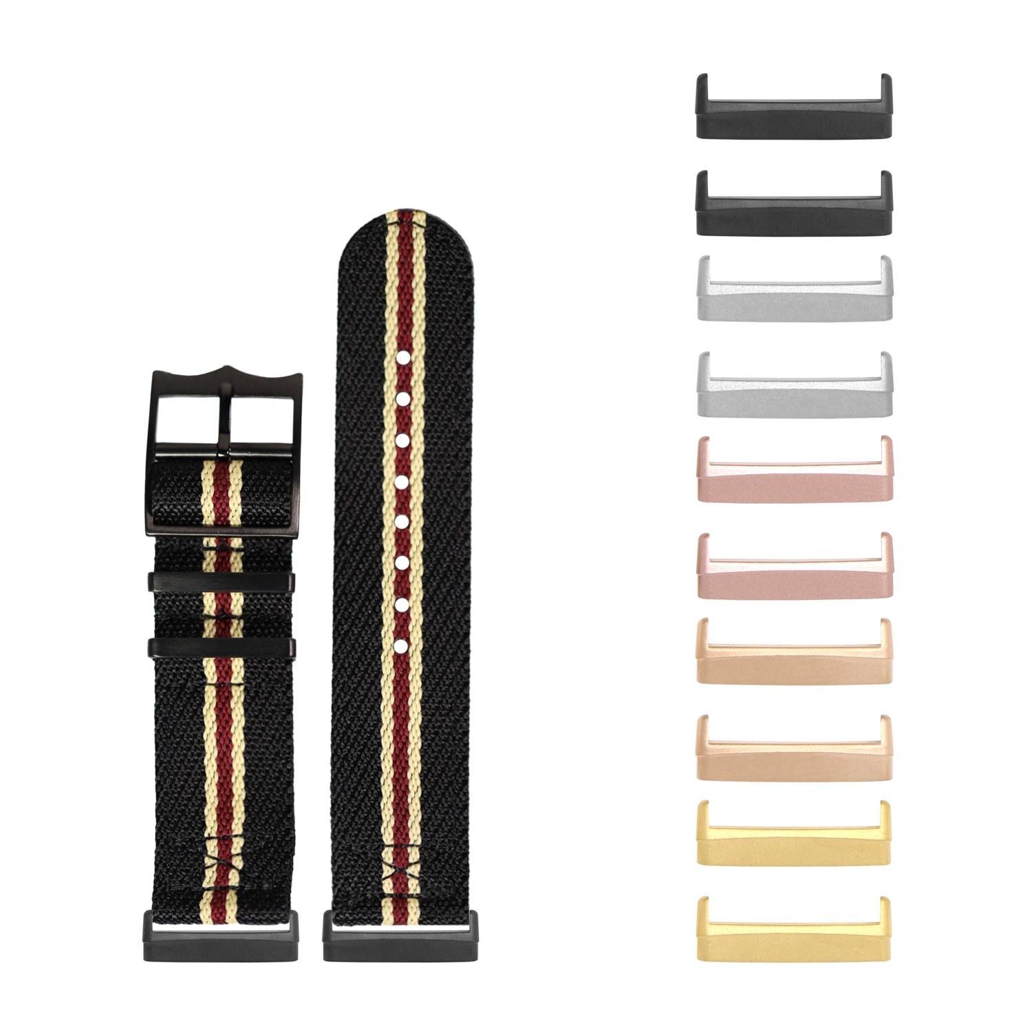 Black fabric military-style watch band with burgundy and cream stripes, black hardware, and interchangeable metal lugs in multiple finishes for Fitbit Versa and Sense
