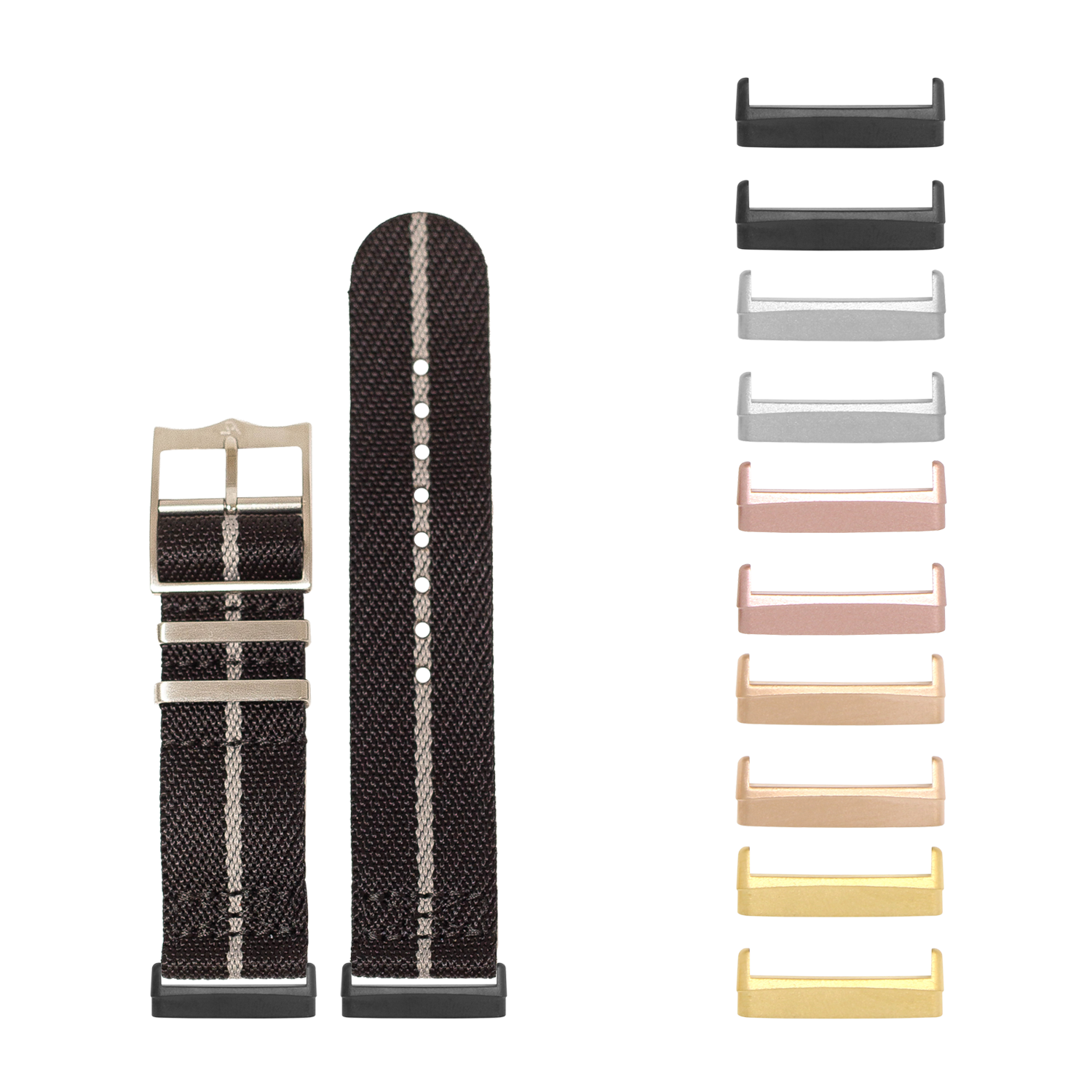 Black woven cross militex watch band with white stripe and interchangeable metal lugs in multiple finishes for Fitbit Versa and Sense