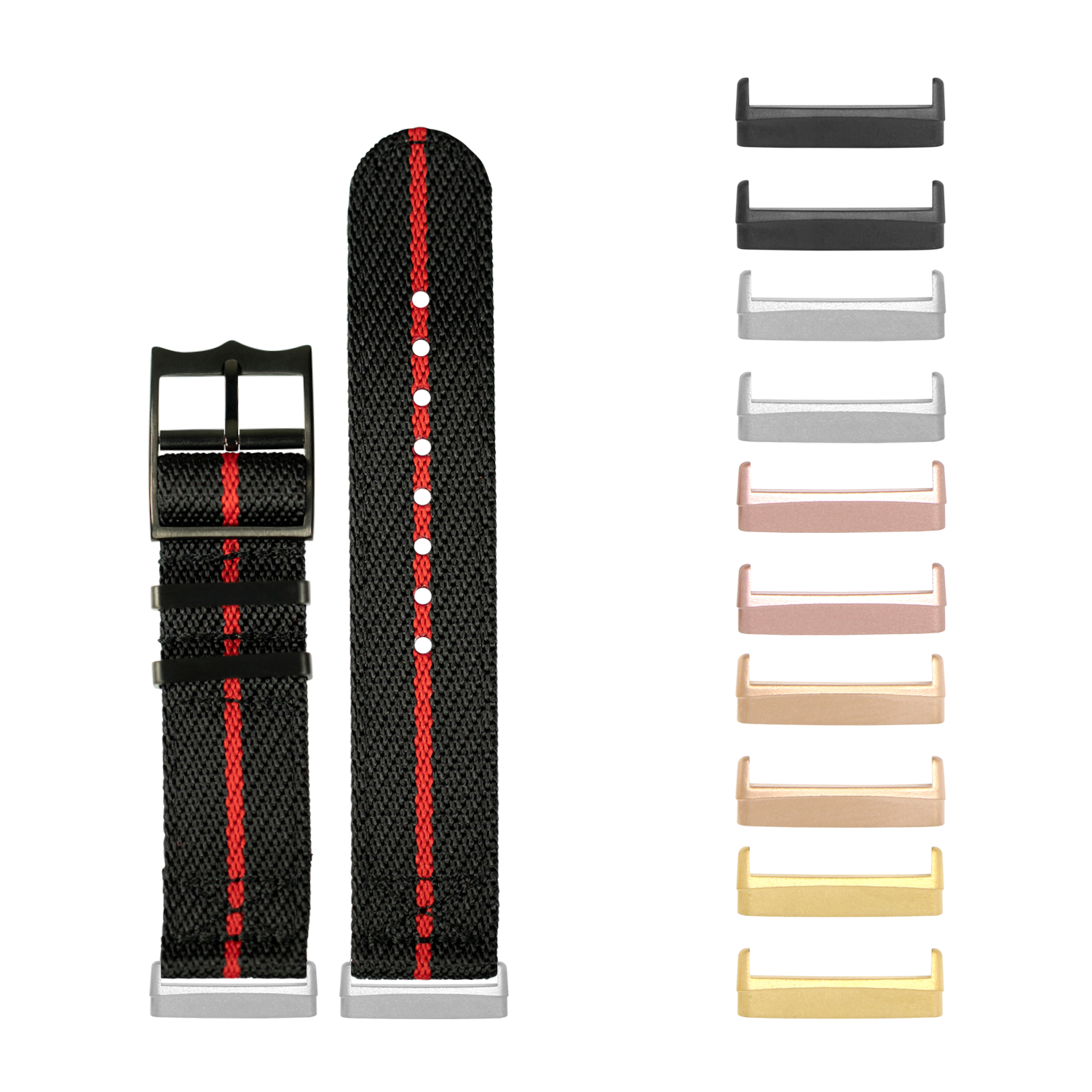 Black and red nylon fabric watch band with white accent stitching and interchangeable metal hardware in multiple finishes for Fitbit Versa and Sense smartwatches