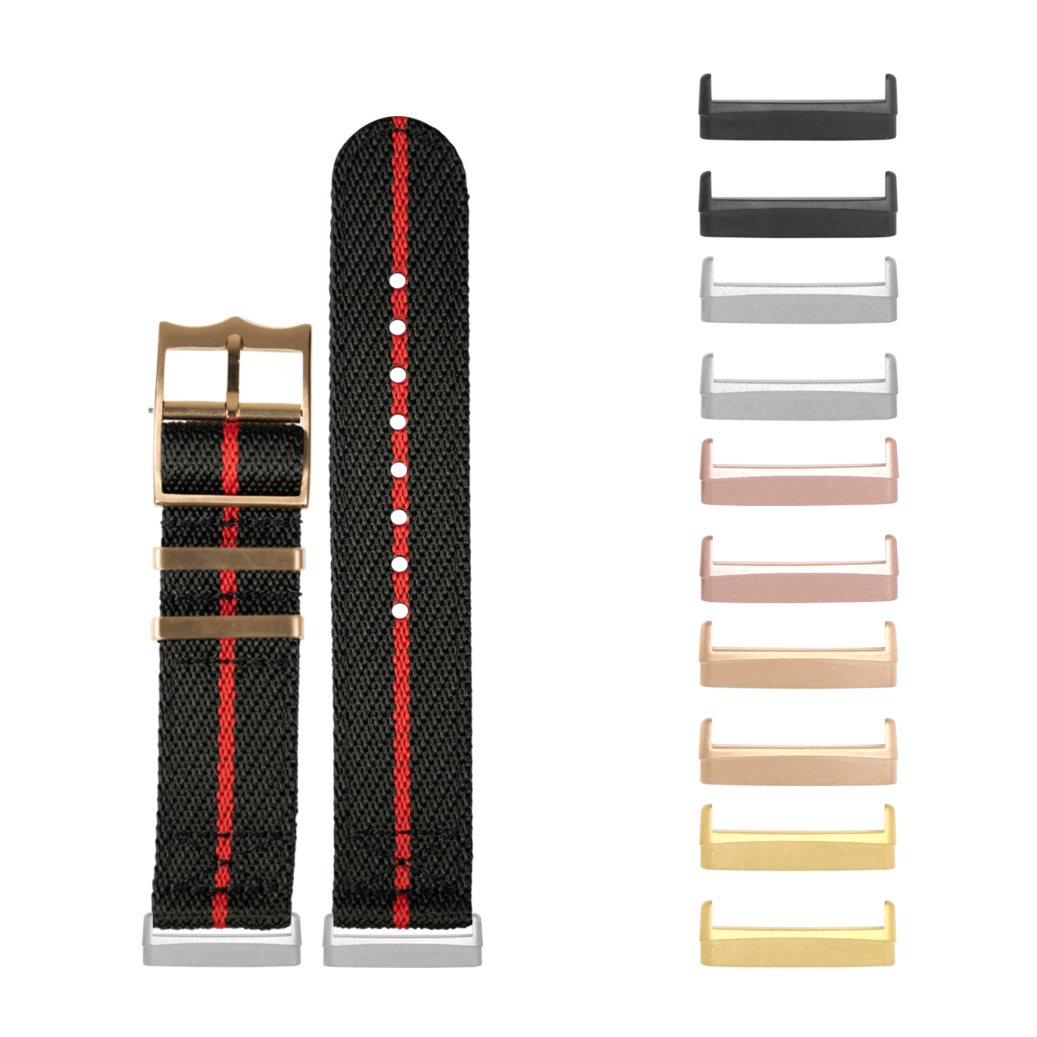 Black and red military-style nylon watch band with rose gold hardware and interchangeable buckles in multiple metal finishes
