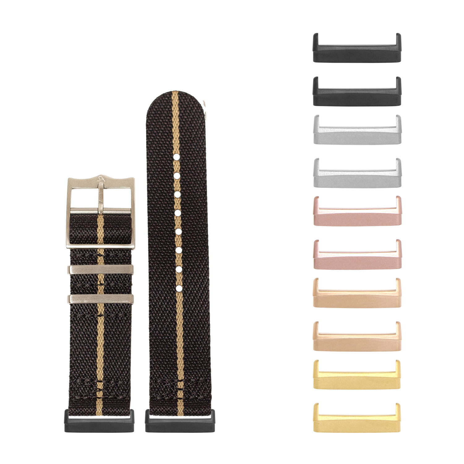Black and wheat fabric watch strap with metal buckle and interchangeable hardware in multiple finishes including black, rose gold, and gold