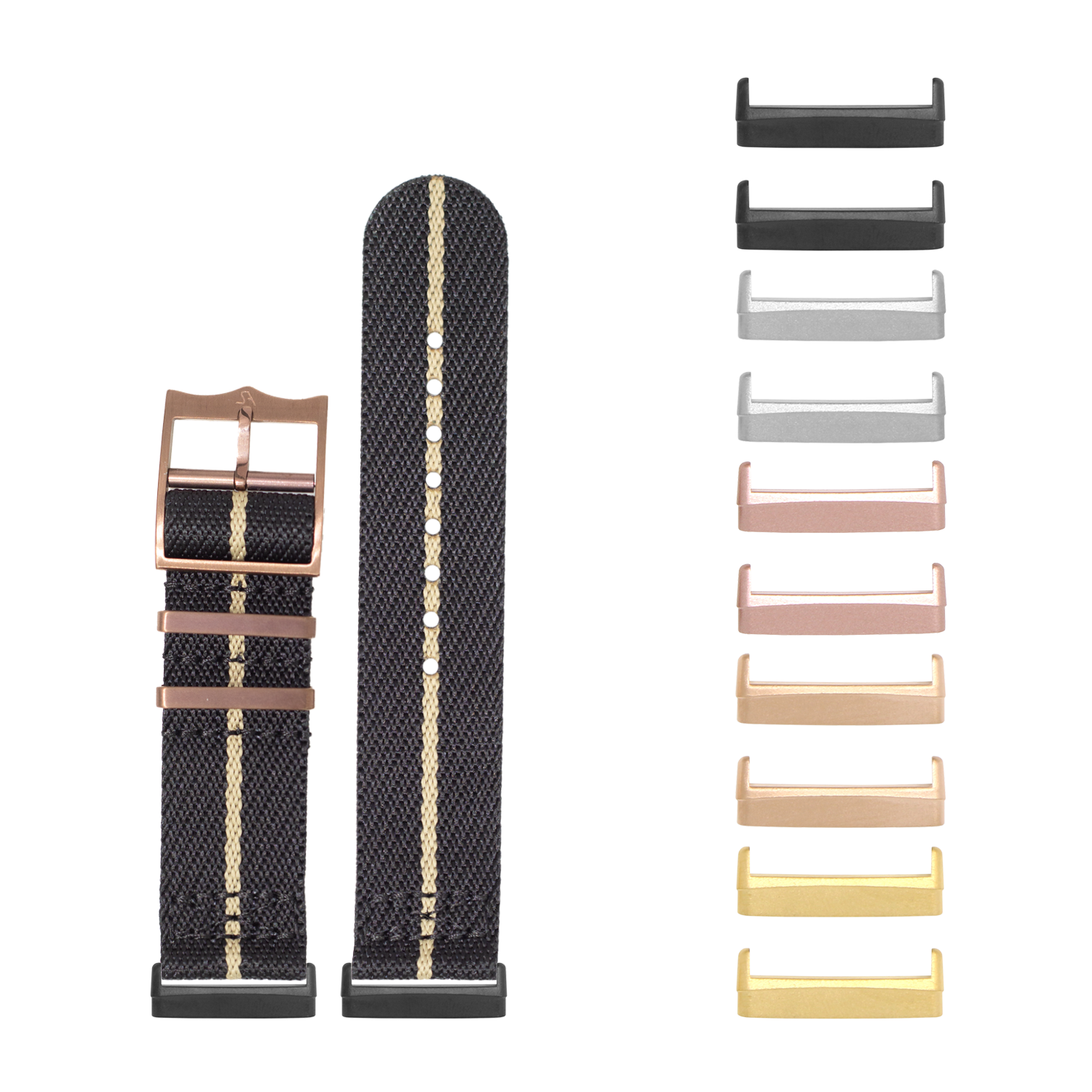 Black and wheat woven military-style watch band with bronze buckle for Fitbit Versa and Sense, shown with interchangeable metal hardware in multiple finishes
