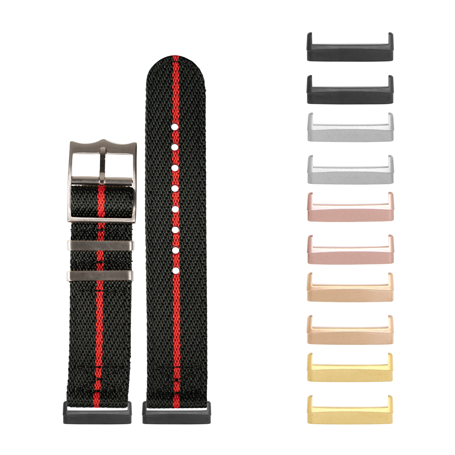 Black and red striped nylon watch band with interchangeable metal buckles in multiple finishes for Fitbit Versa and Sense