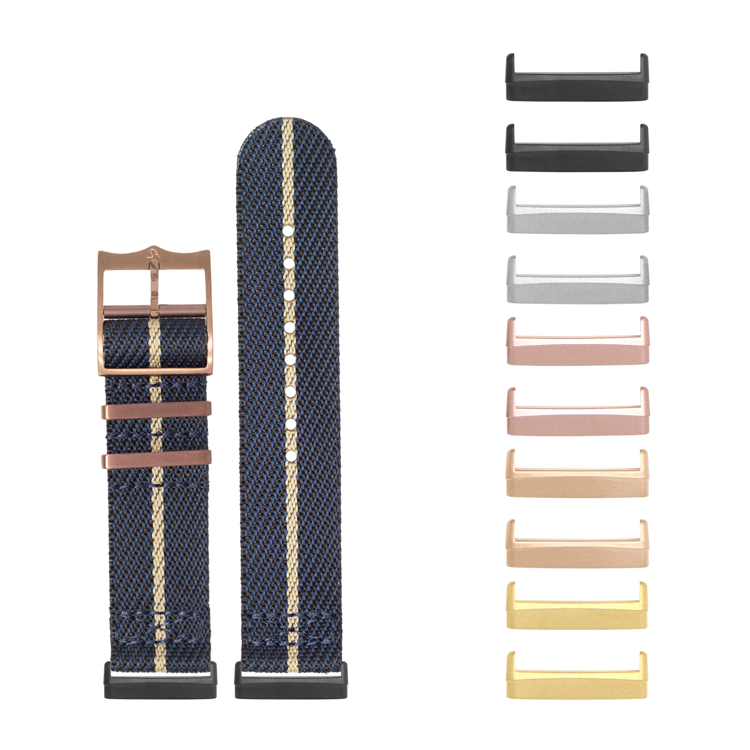 Blue and wheat woven fabric watch band with bronze buckle and interchangeable metal hardware in multiple finishes for Fitbit Versa and Sense smartwatches