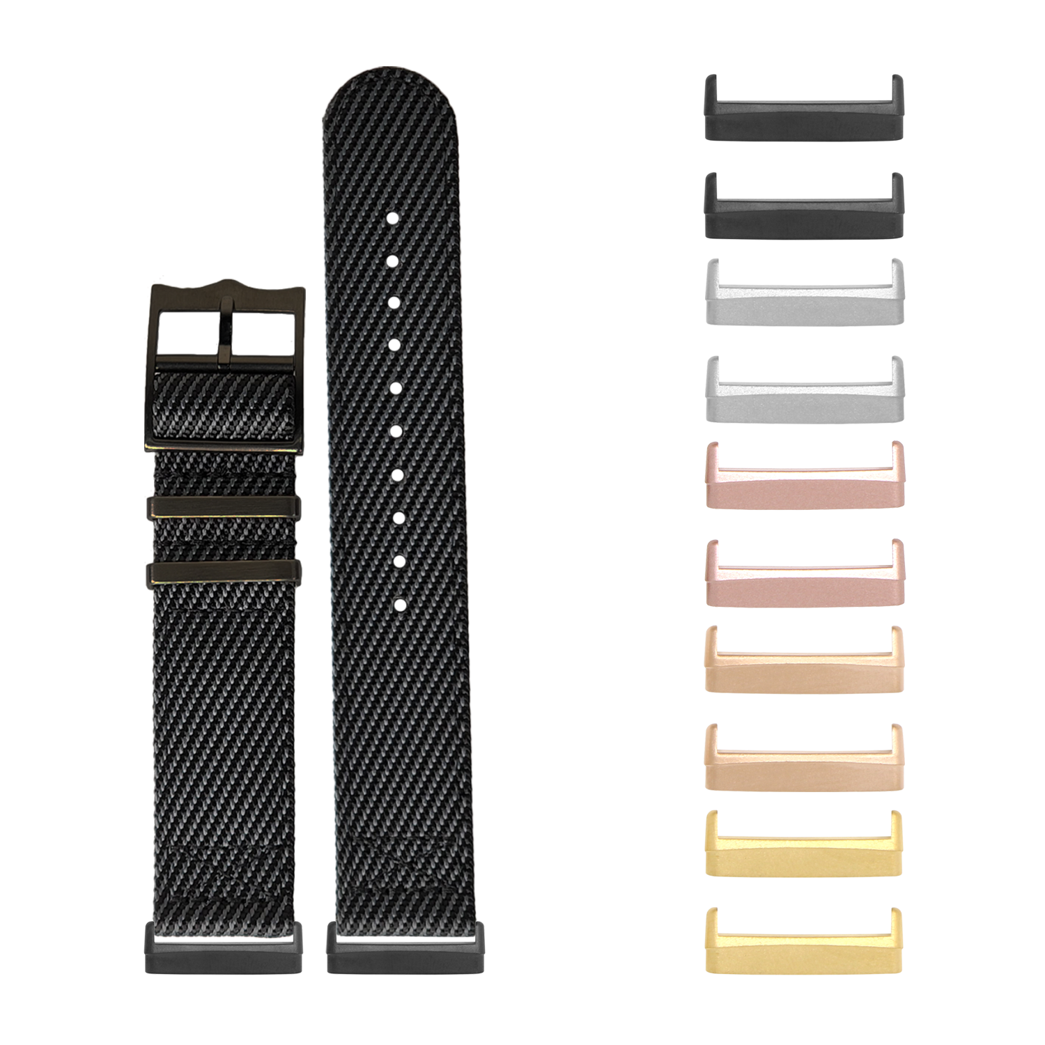 Black carbon fiber military watch band with interchangeable hardware in multiple finishes for Fitbit Versa and Sense smartwatches