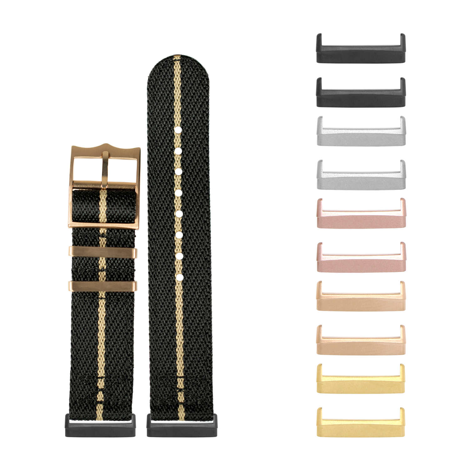 Black woven military watch band with gold stripe and interchangeable metal hardware in multiple finishes including rose gold, gold, and black