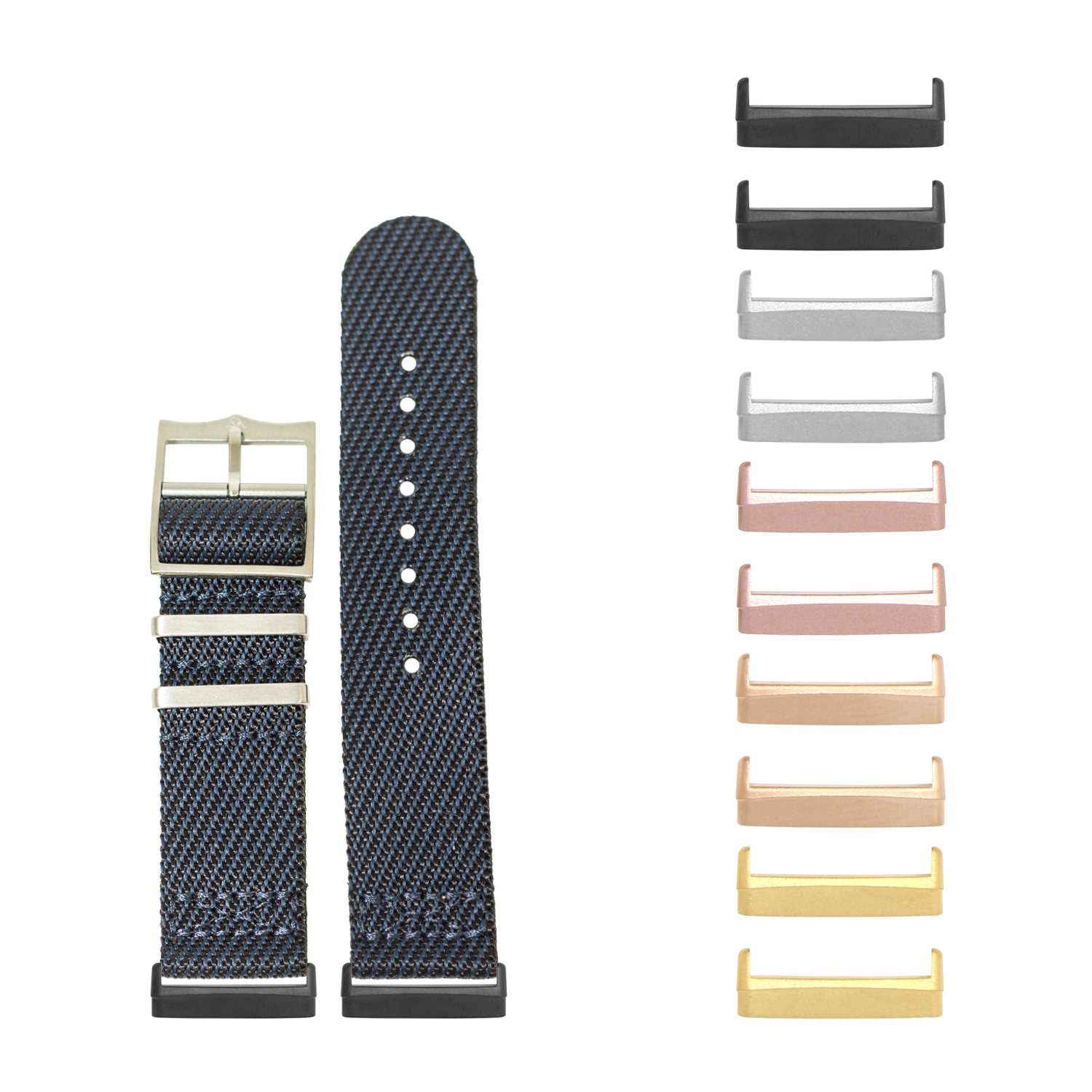 Cross Militex night blue fabric watch band for Fitbit Versa with interchangeable metal buckles in multiple finishes