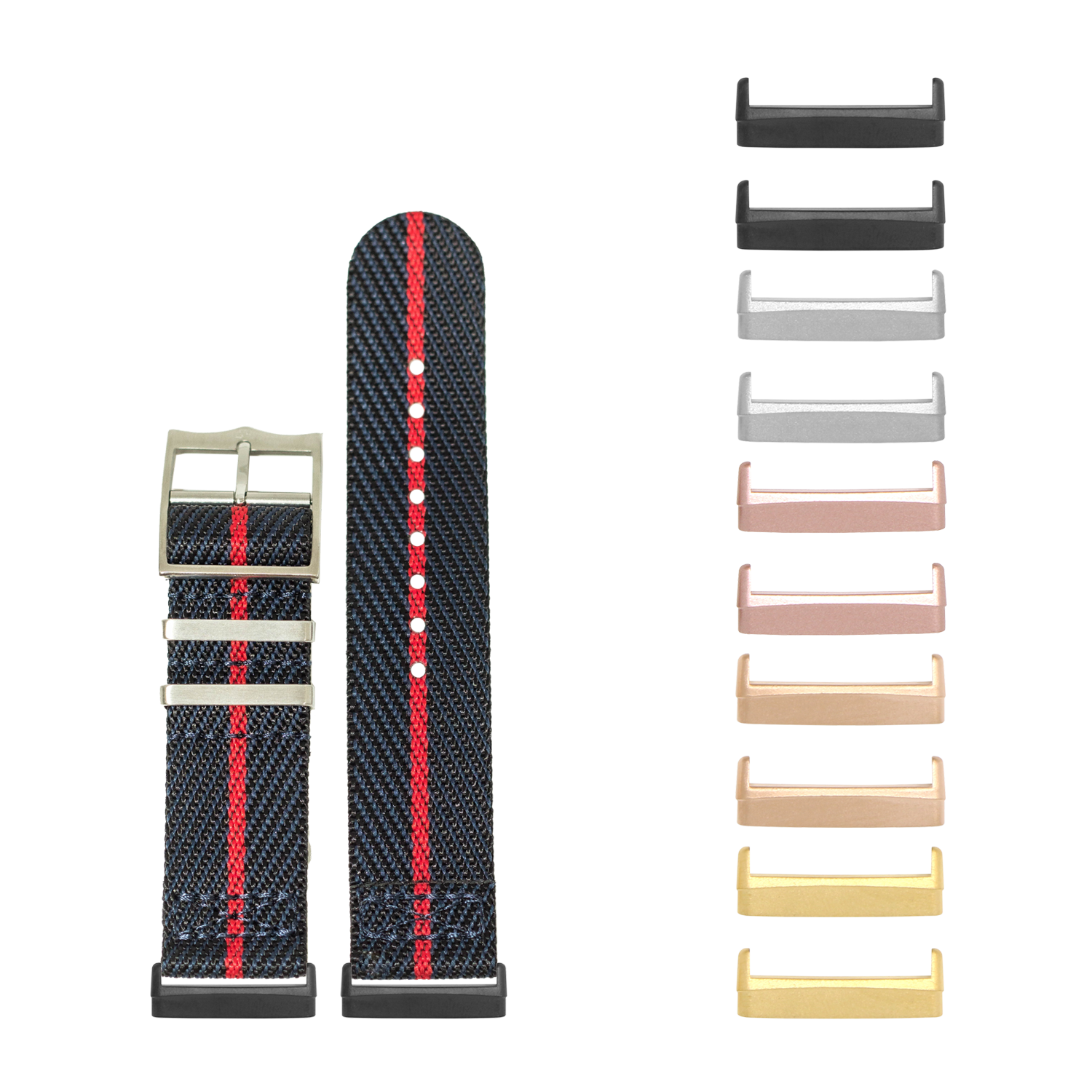 Fabric watch bands in night blue with red stripe and interchangeable metal hardware in multiple finishes including black, rose gold, and gold