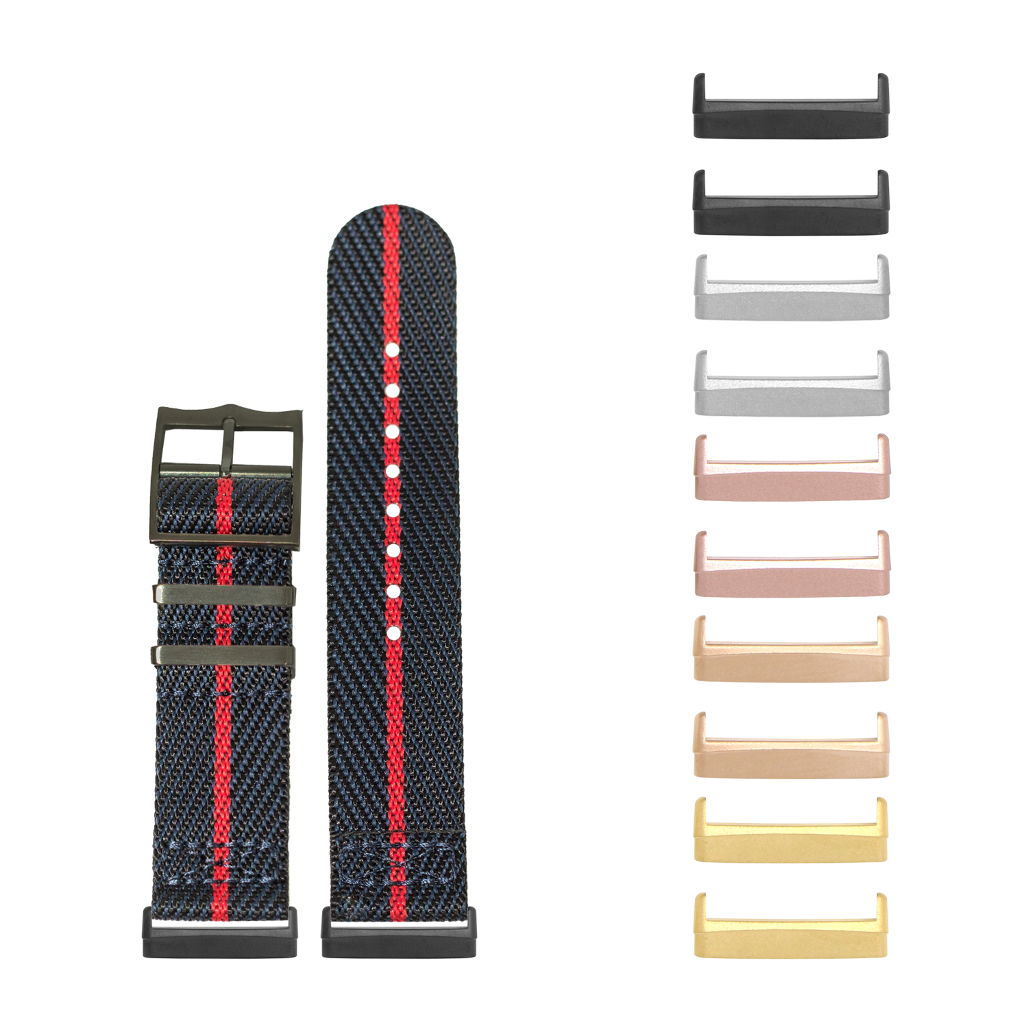 Blue and red cross-pattern fabric watch band for Fitbit Versa 3, Versa 4, Sense 1, Sense 2 with black hardware and interchangeable color options