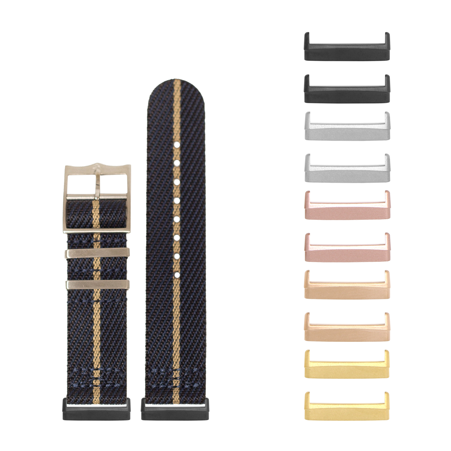 Navy blue woven fabric watch band with gold stripe and interchangeable metal connectors in multiple finishes